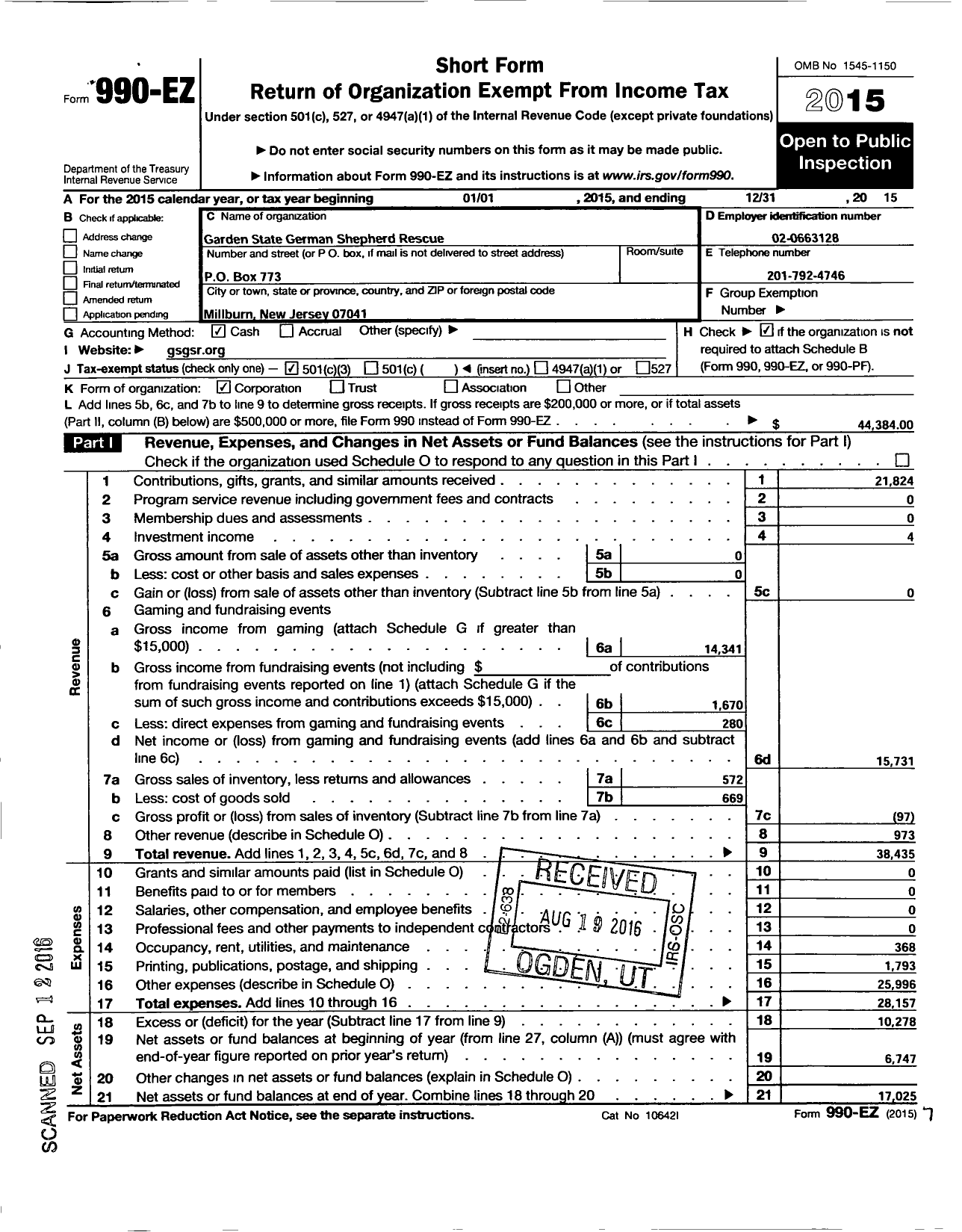 Image of first page of 2015 Form 990EZ for Garden State German Shepherd Rescue