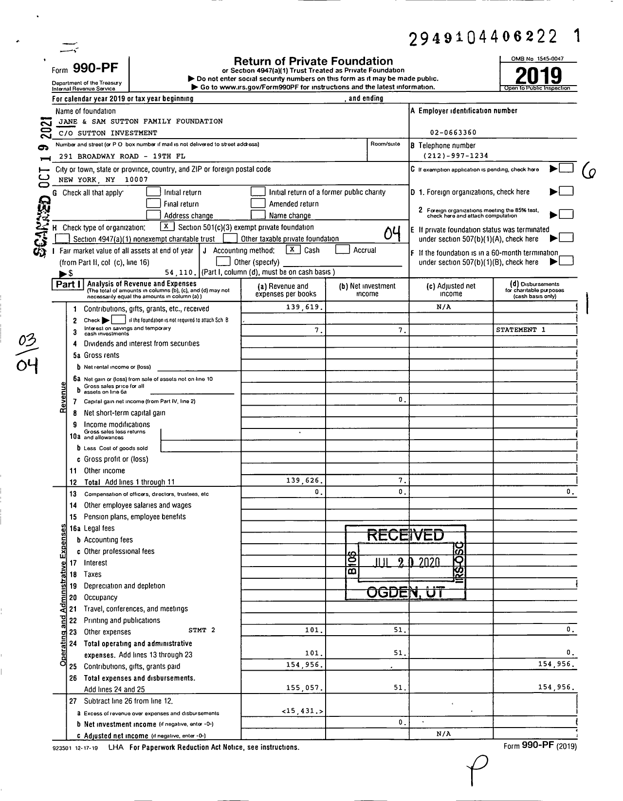 Image of first page of 2019 Form 990PF for Jane and Sam Sutton Family Foundation