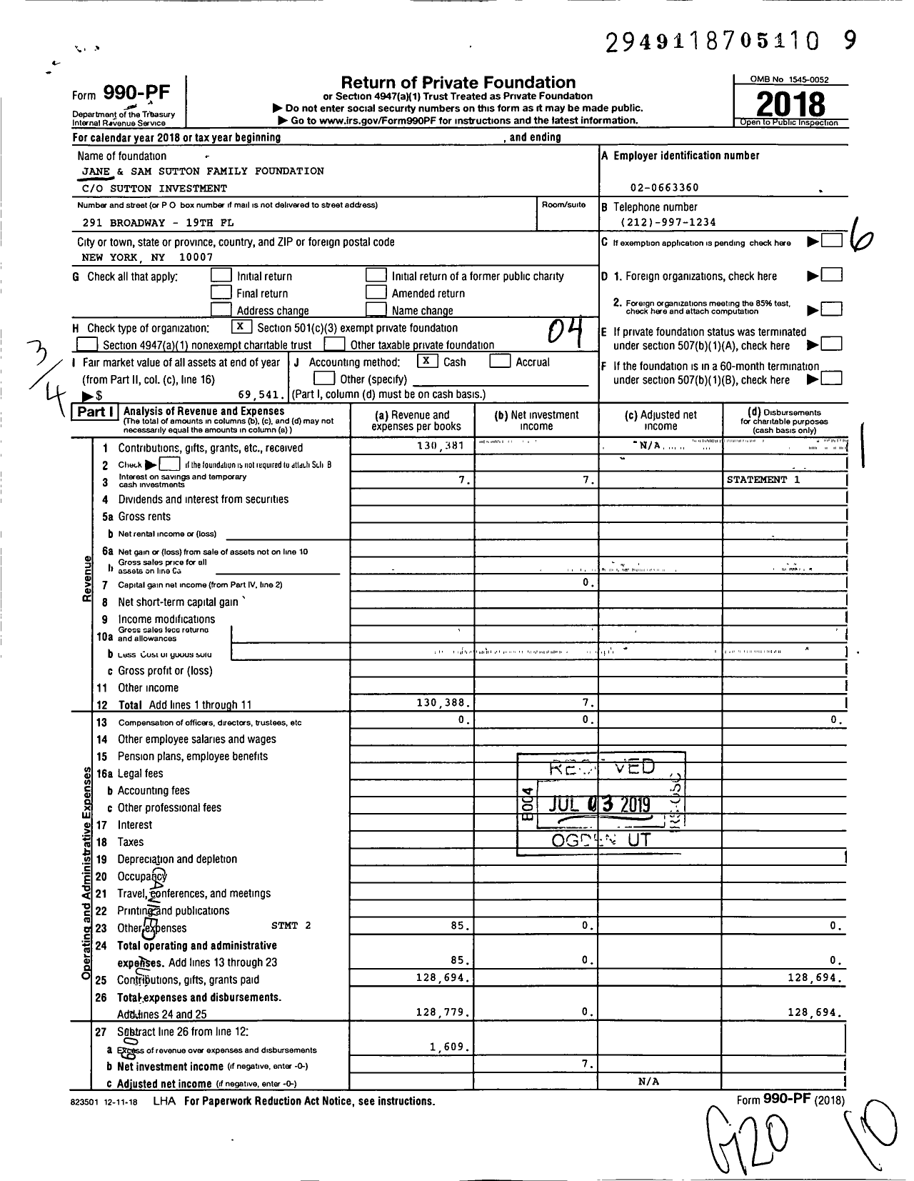 Image of first page of 2018 Form 990PF for Jane and Sam Sutton Family Foundation