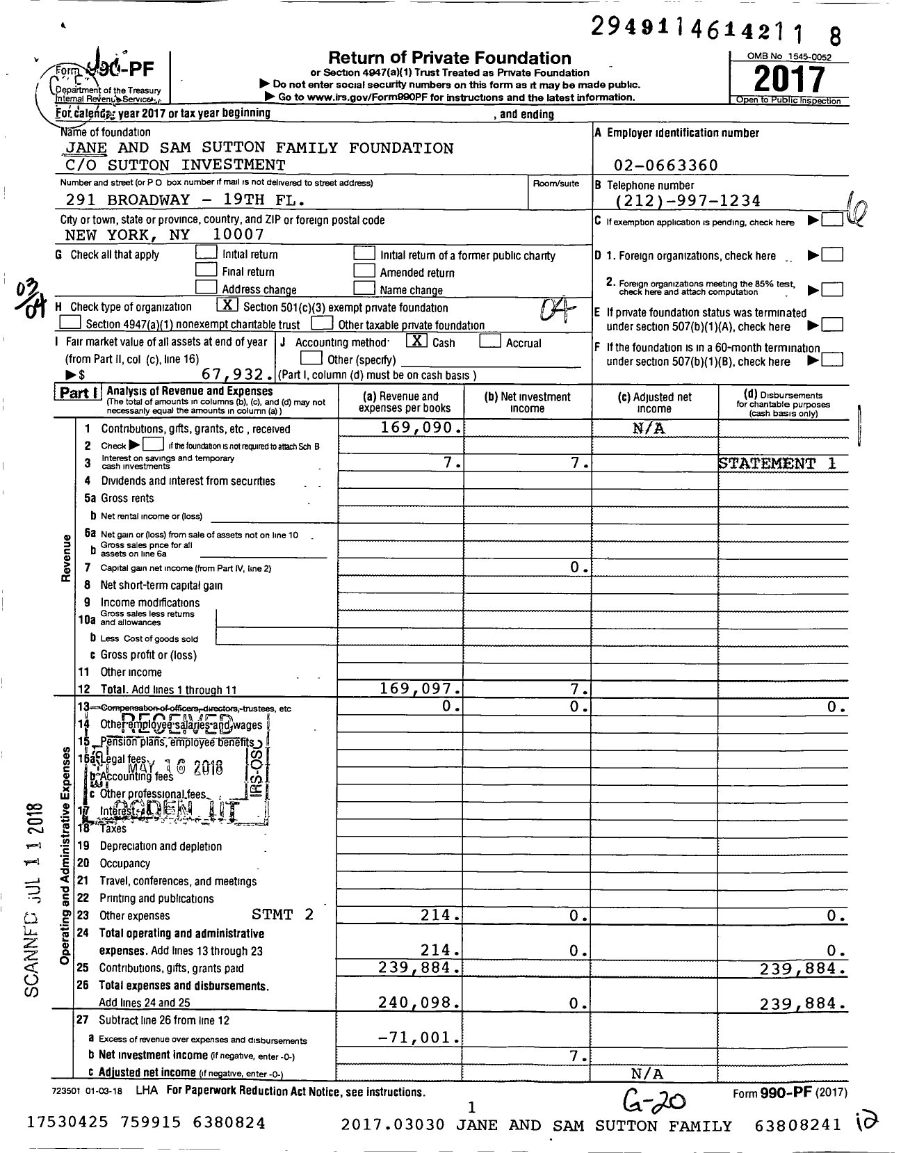 Image of first page of 2017 Form 990PF for Jane and Sam Sutton Family Foundation