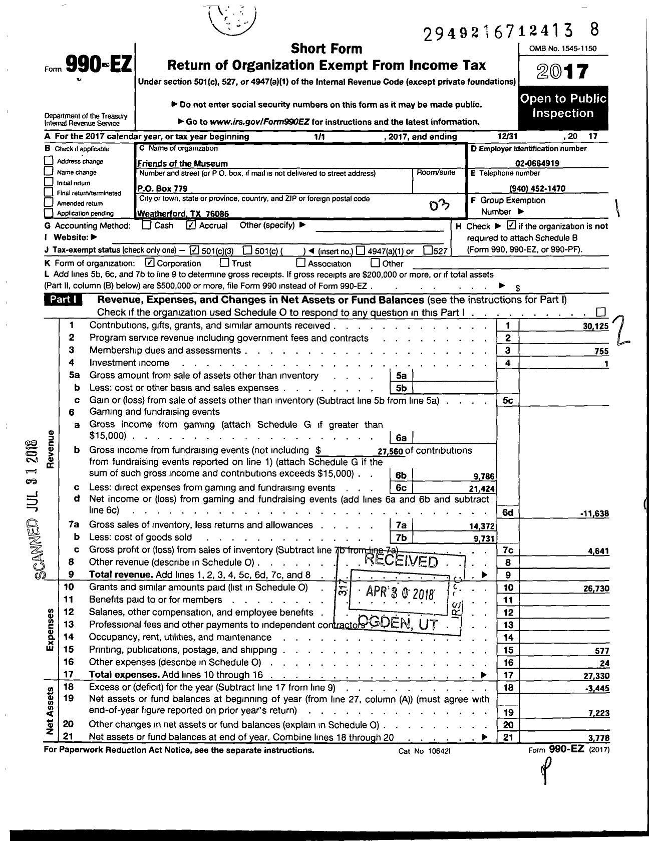 Image of first page of 2017 Form 990EZ for Friends of the Museum