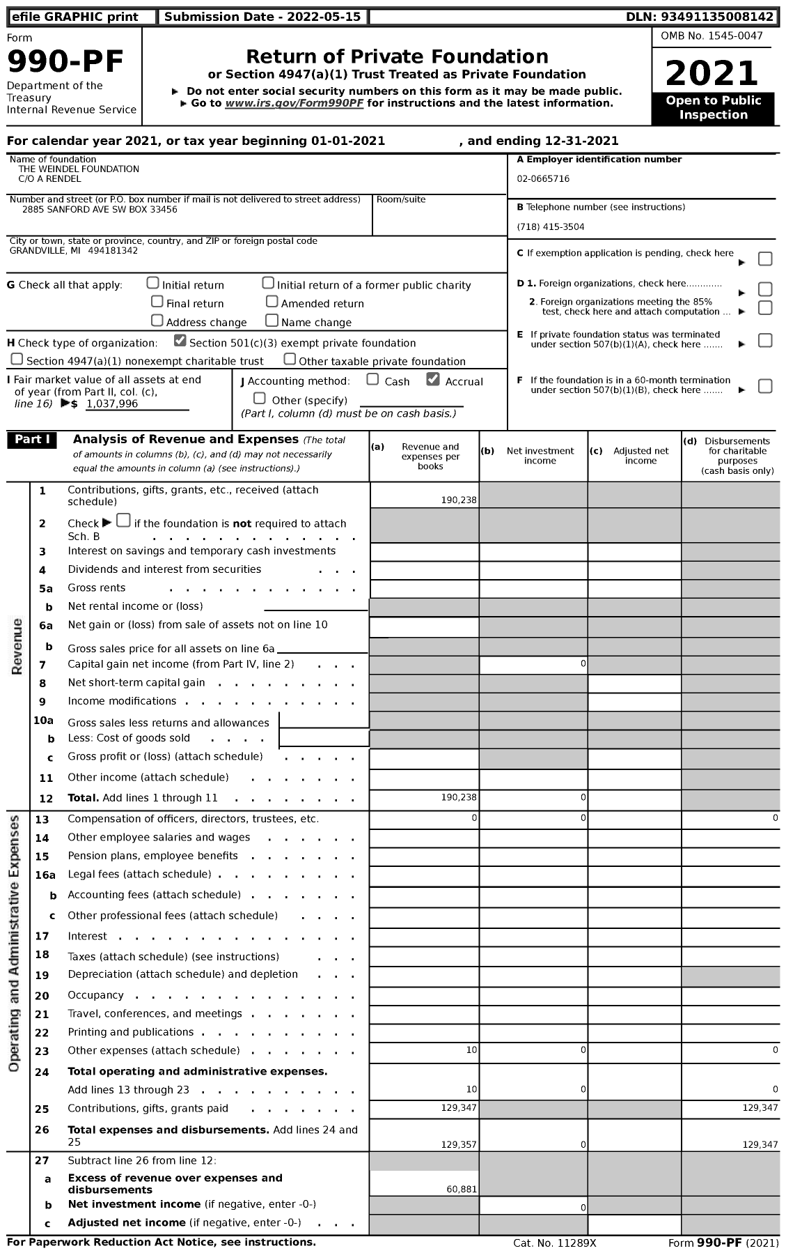 Image of first page of 2021 Form 990PF for The Weindel Foundation