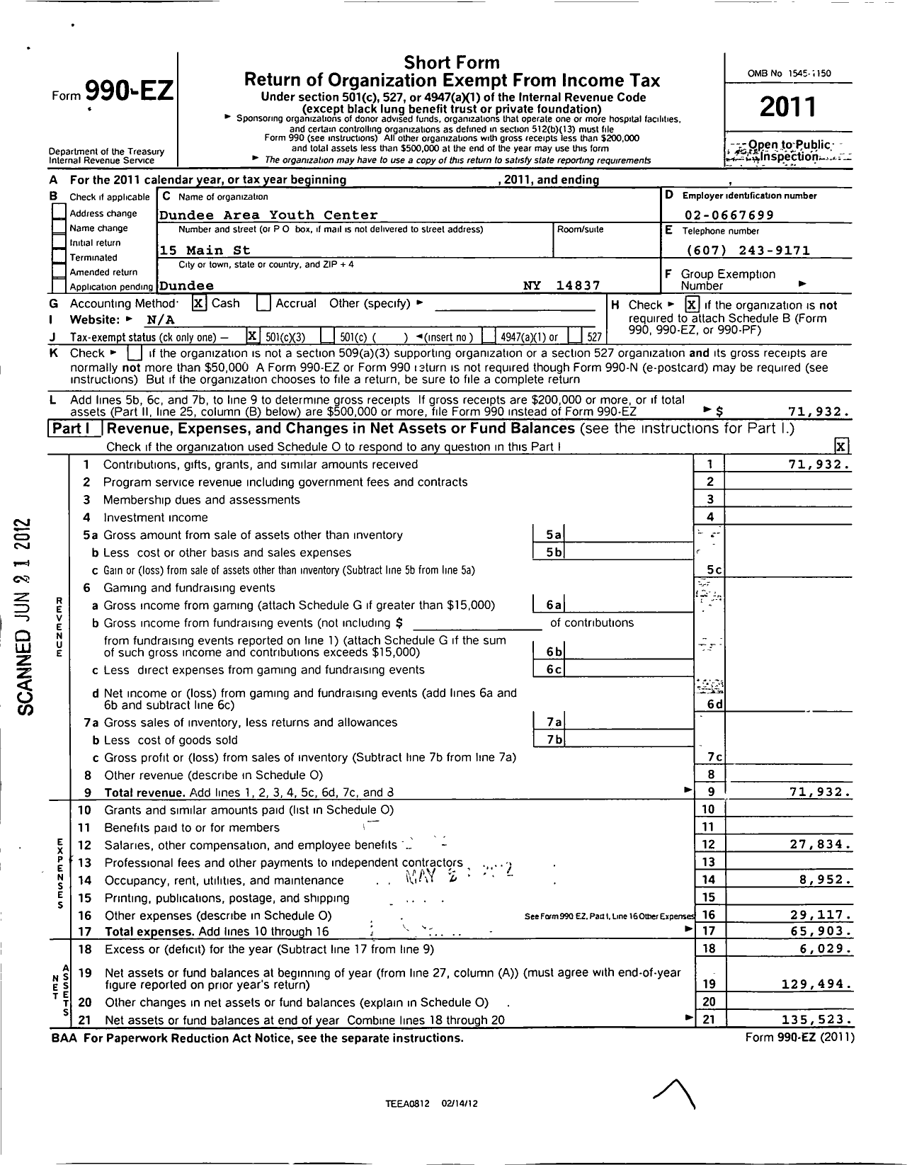 Image of first page of 2011 Form 990EZ for Dundee Area Youth Center