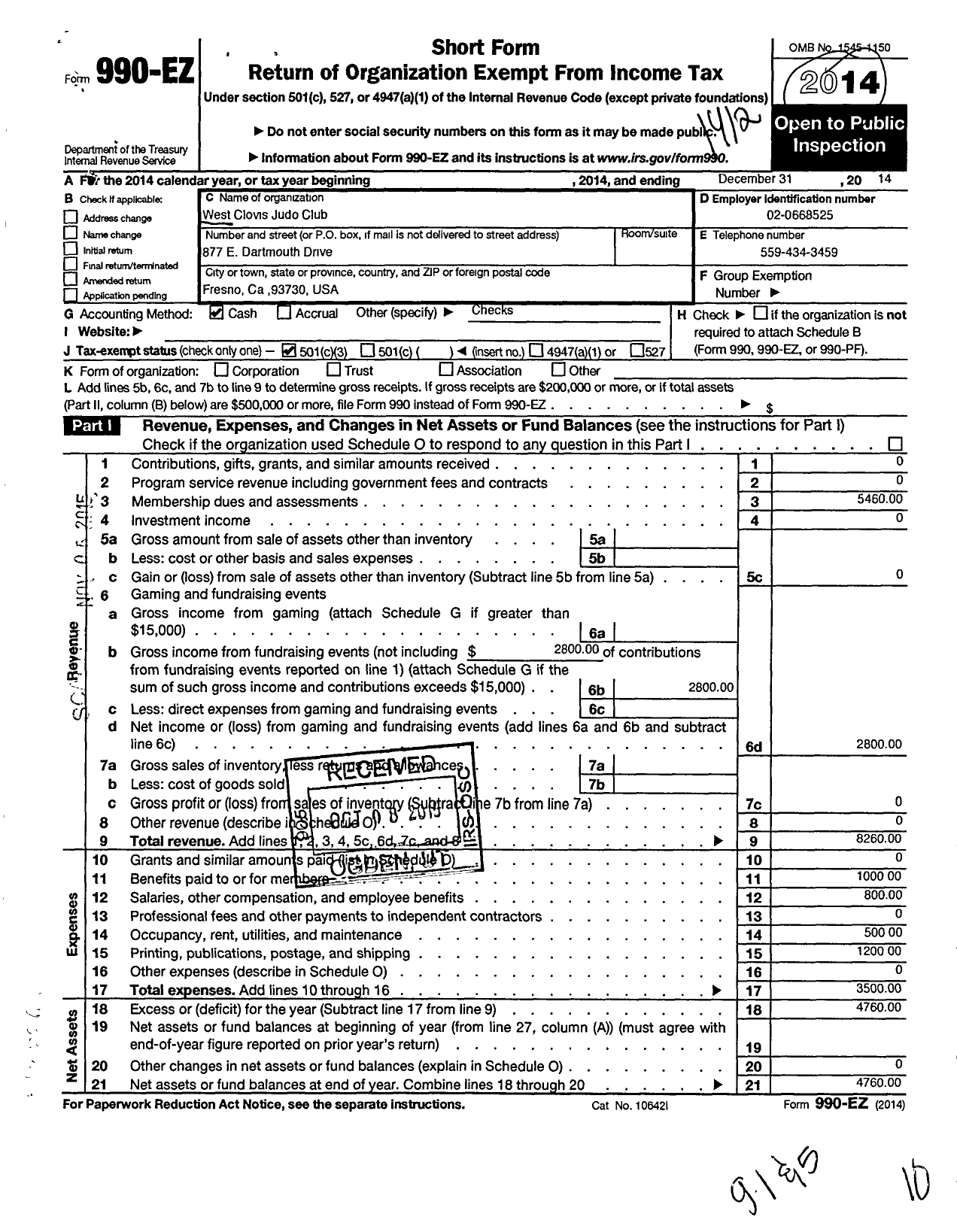 Image of first page of 2014 Form 990EZ for West Clovis Judo Club