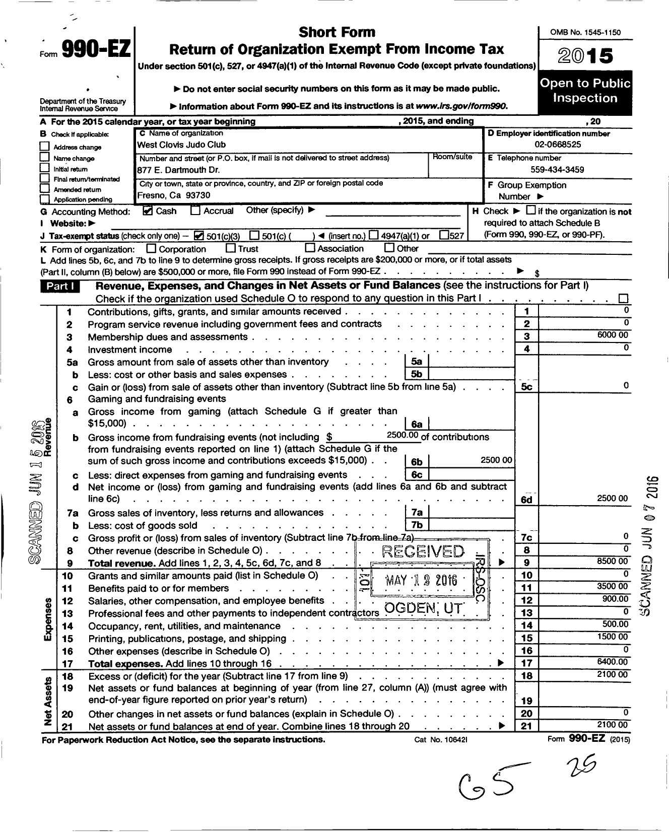 Image of first page of 2015 Form 990EZ for West Clovis Judo Club