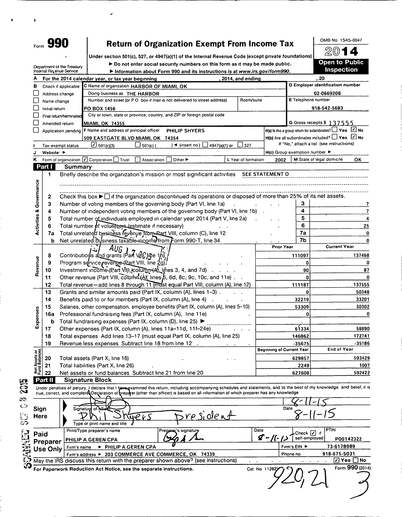 Image of first page of 2014 Form 990 for Harbor of Miami Ok