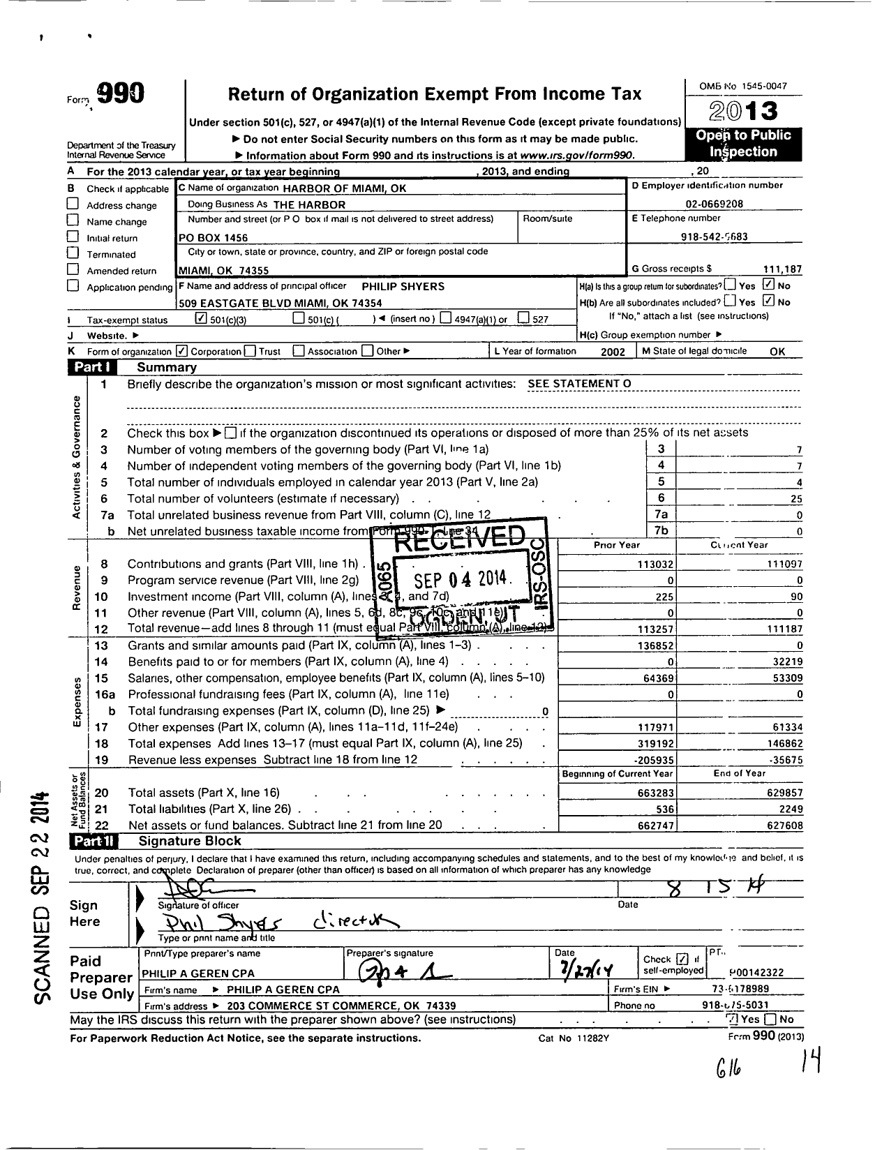 Image of first page of 2013 Form 990 for Harbor of Miami Ok