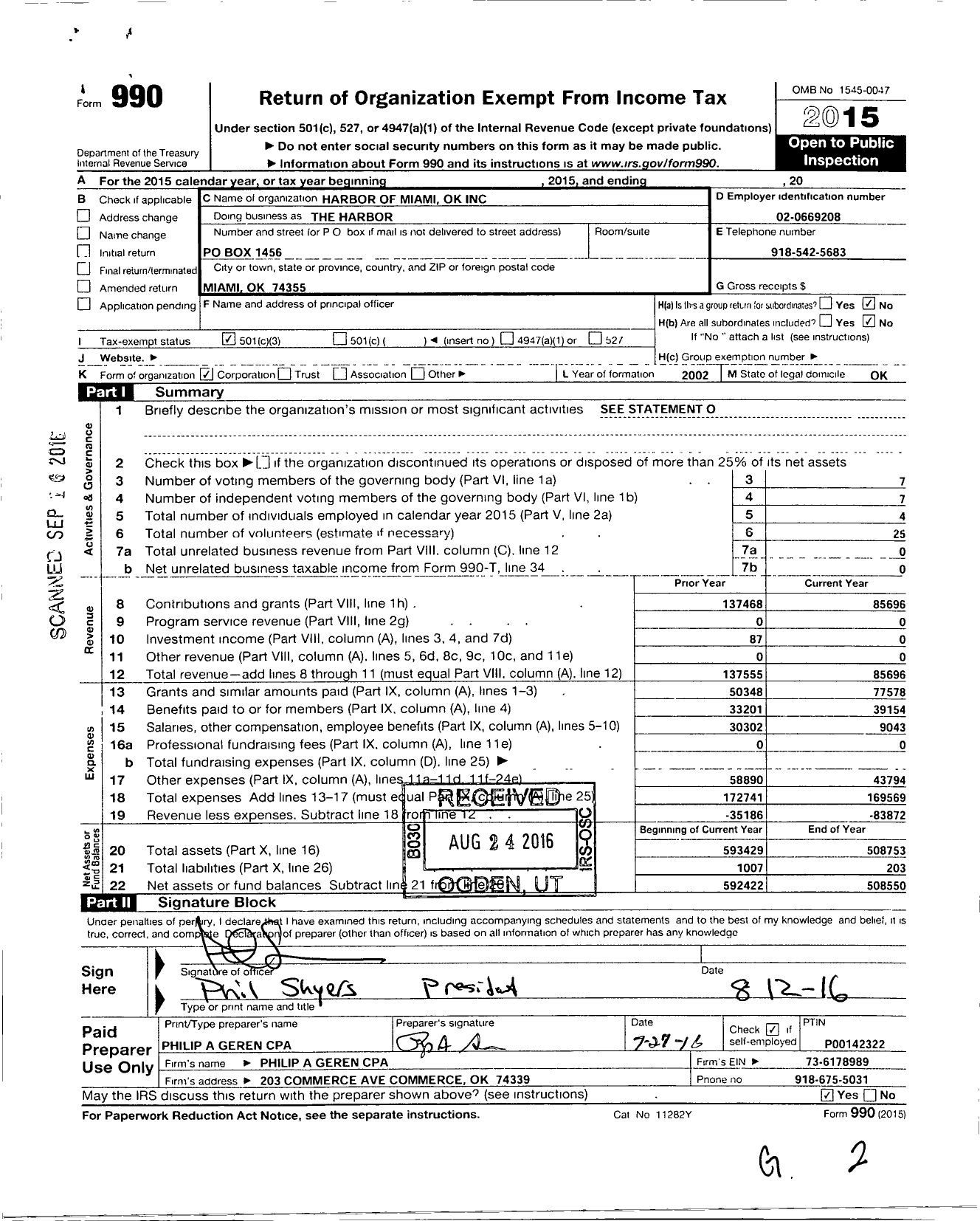 Image of first page of 2015 Form 990 for Harbor of Miami Ok