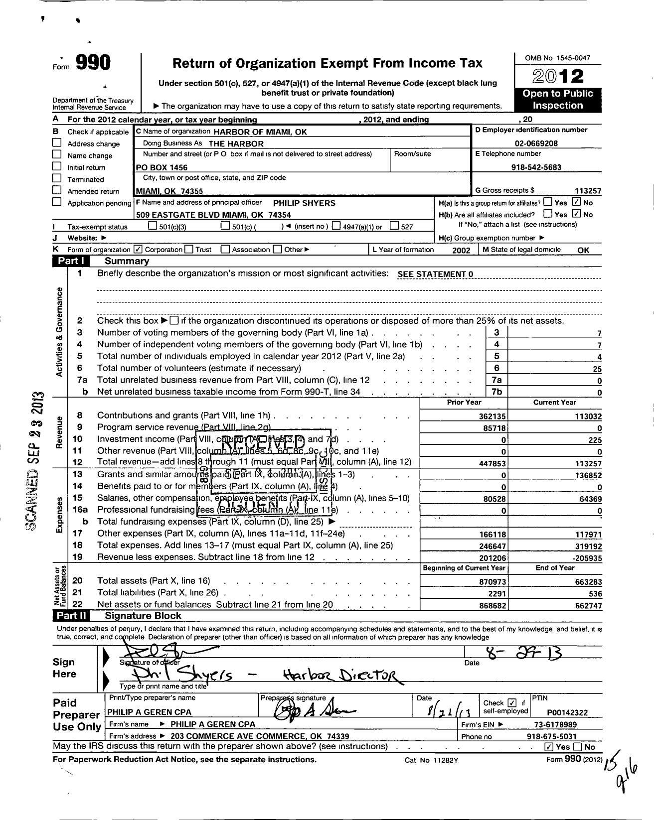 Image of first page of 2012 Form 990O for Harbor of Miami Ok