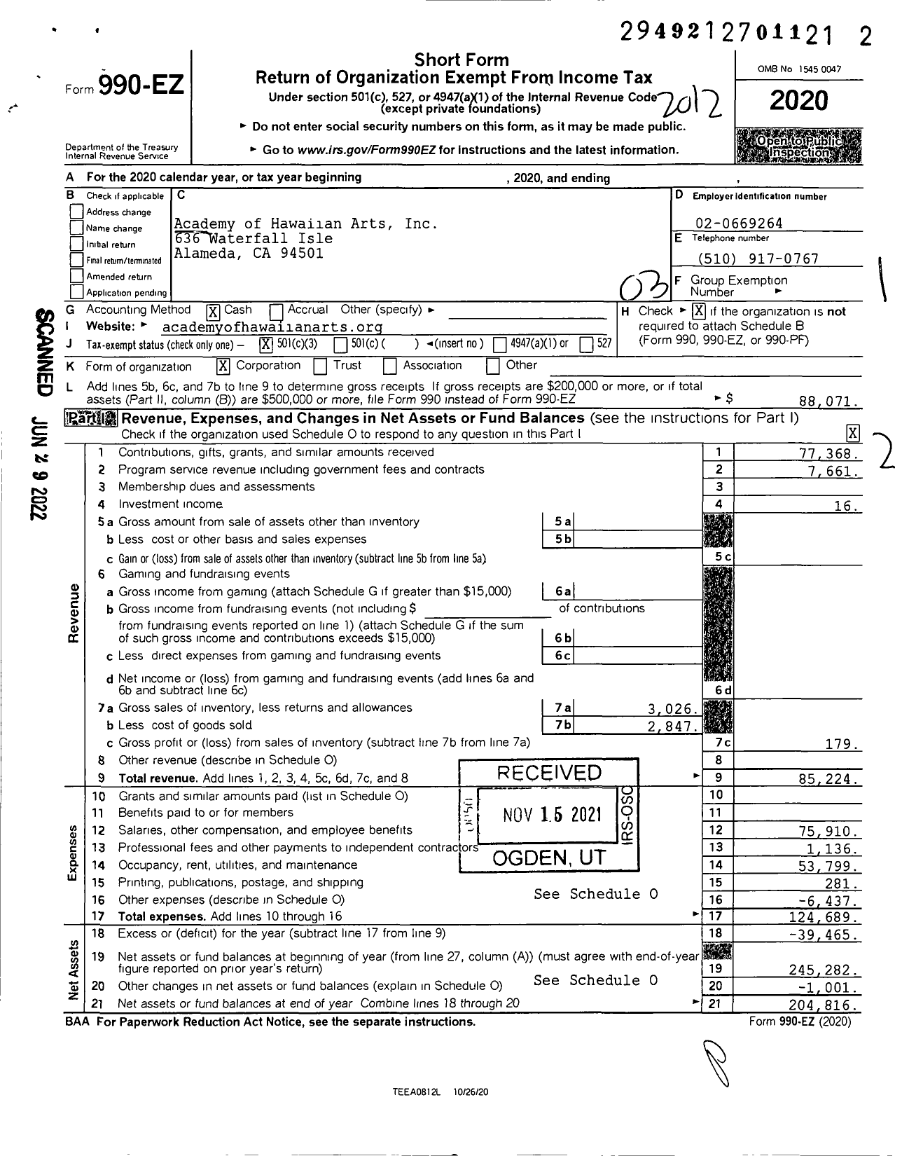 Image of first page of 2020 Form 990EZ for Academy of Hawaiian Arts