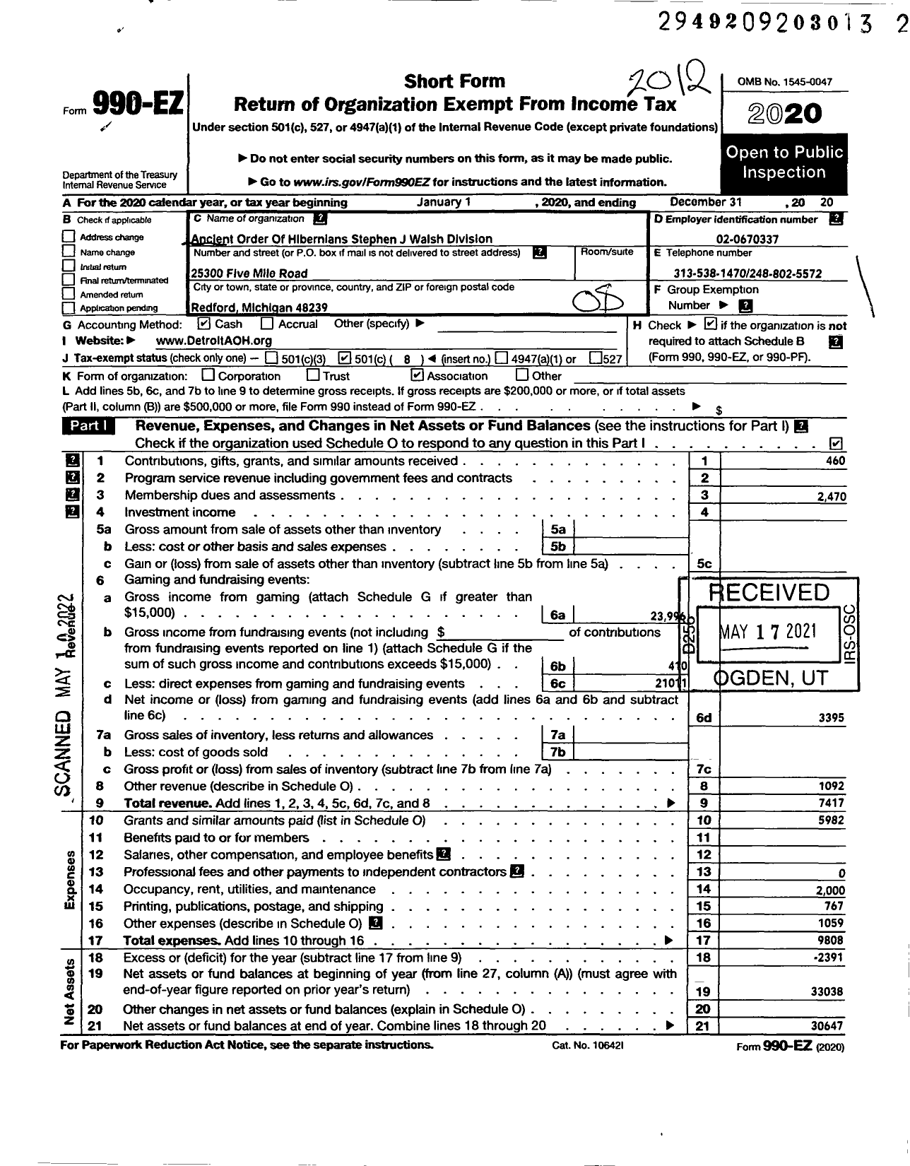 Image of first page of 2020 Form 990EO for Ancient Order of Hibernians in America Stephen J Walsh Division 20wa01