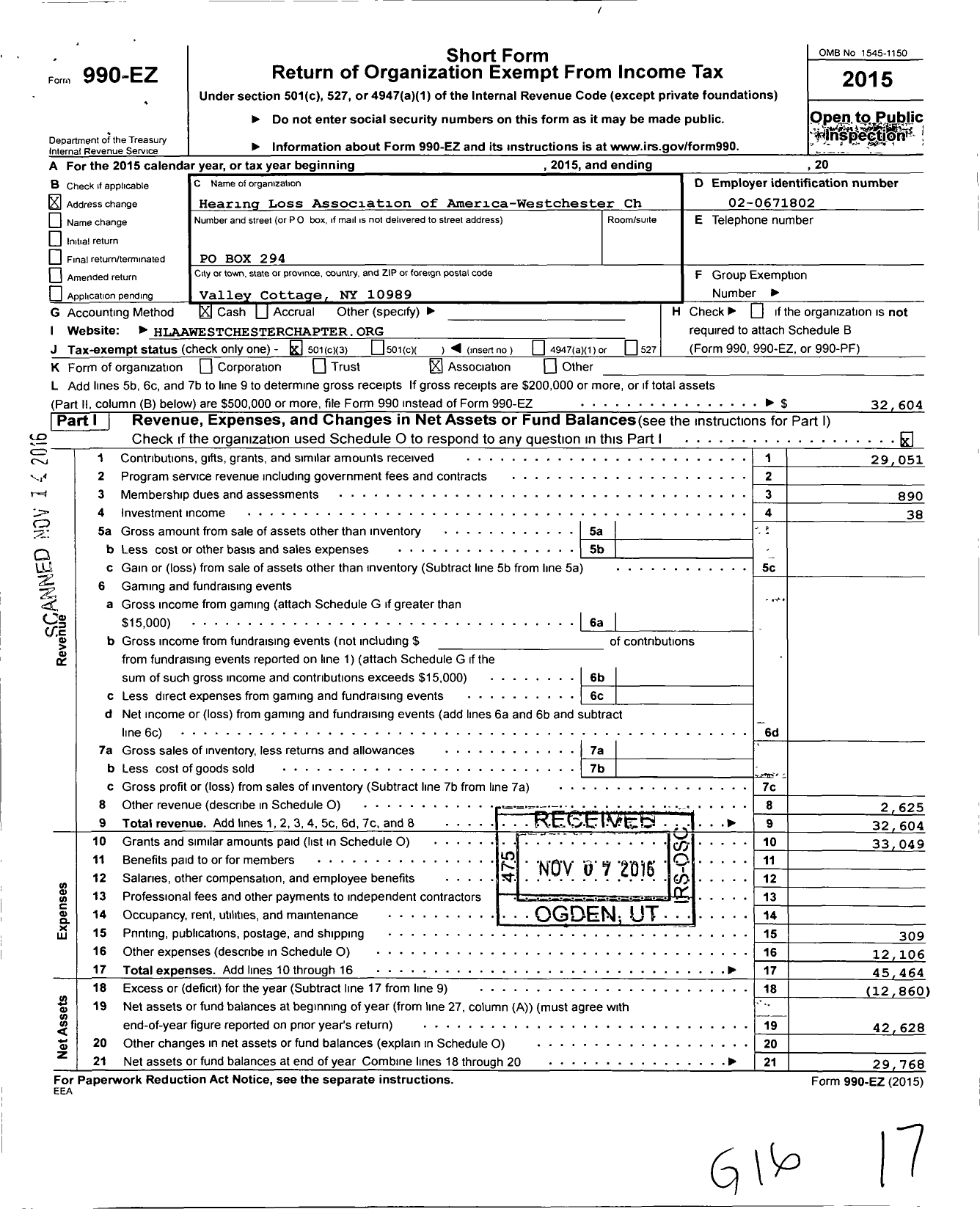 Image of first page of 2015 Form 990EZ for Hearing Loss Association of America Westchester Chapter