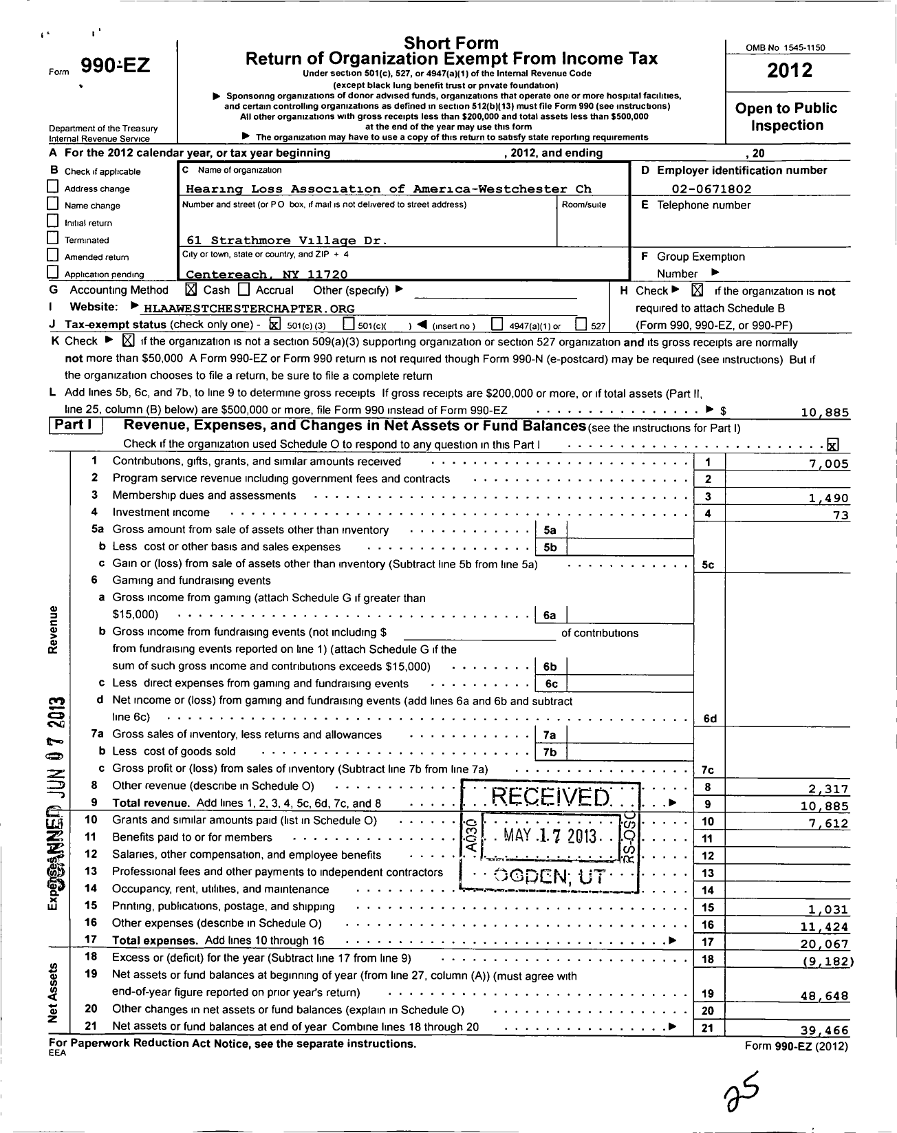 Image of first page of 2012 Form 990EZ for Hearing Loss Association of America Westchester Chapter