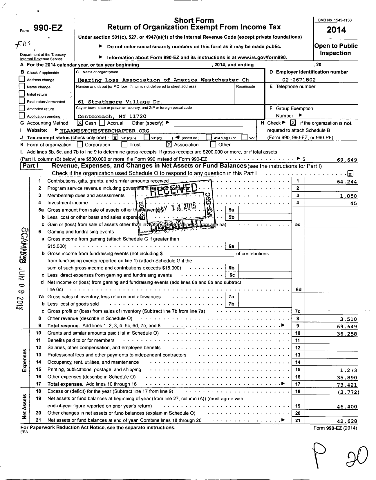 Image of first page of 2014 Form 990EZ for Hearing Loss Association of America Westchester Chapter