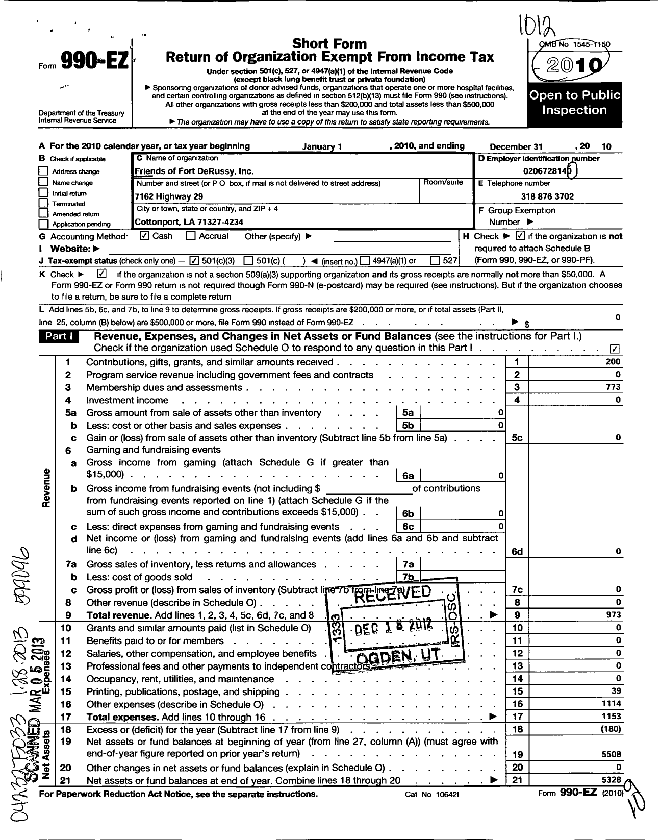 Image of first page of 2010 Form 990EZ for Friends of Fort Derussy