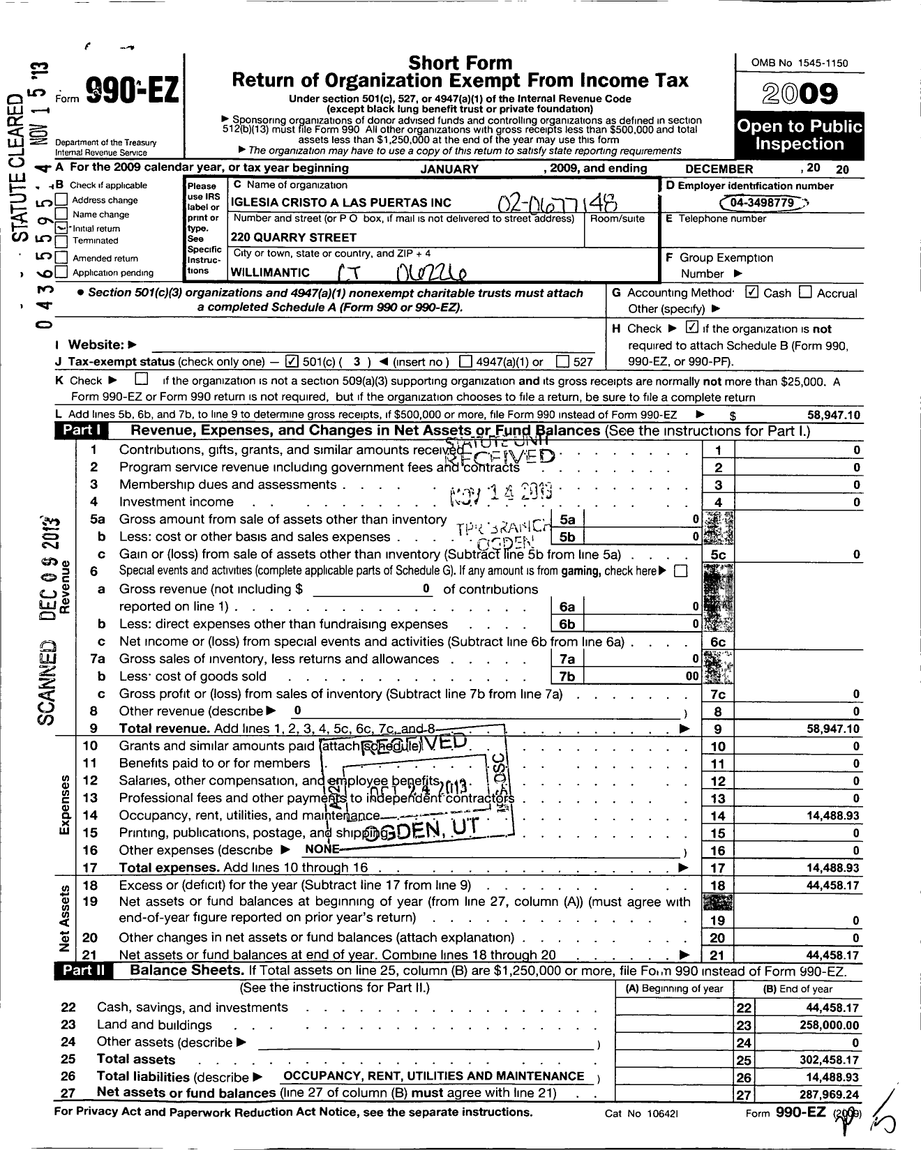 Image of first page of 2009 Form 990EZ for Iglesia Cristo A Las Puertas