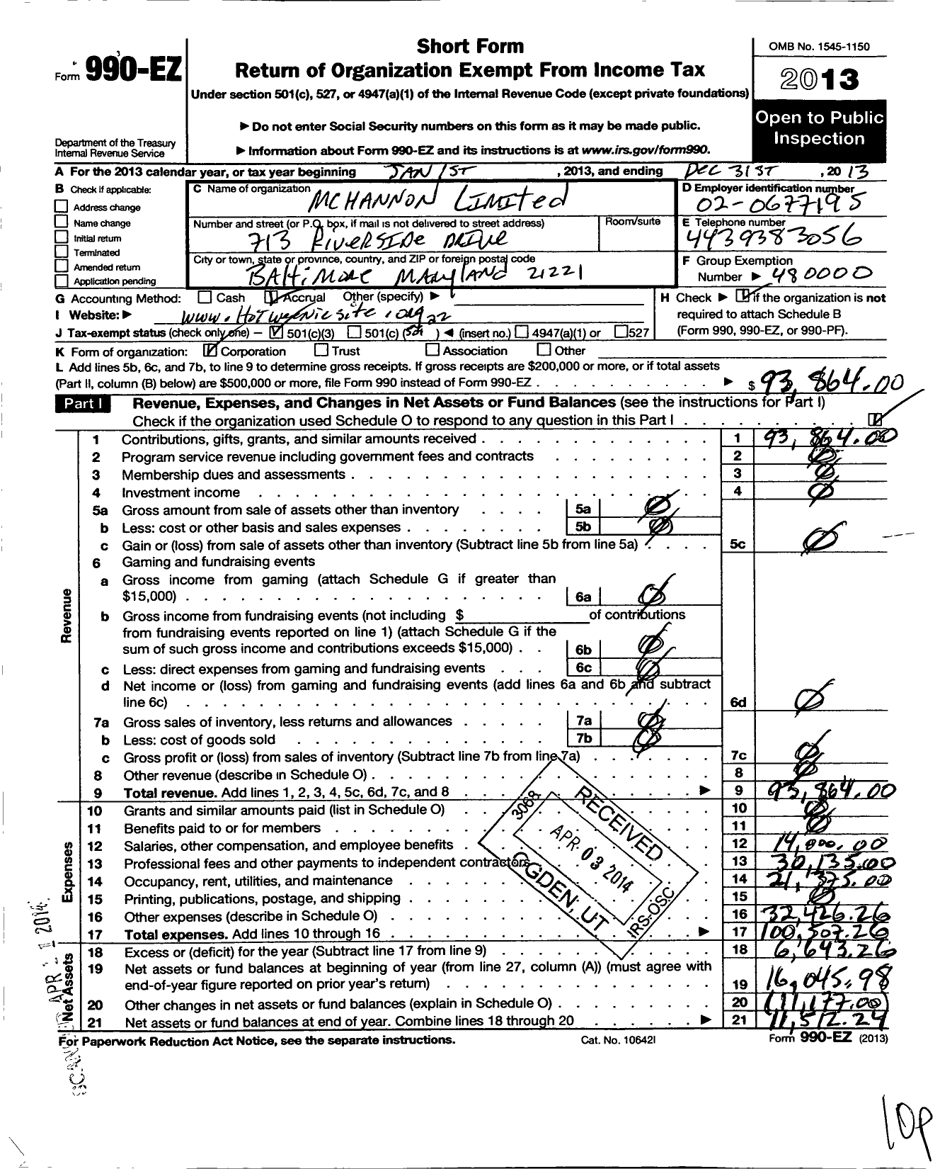 Image of first page of 2013 Form 990EZ for Mchannon Limited