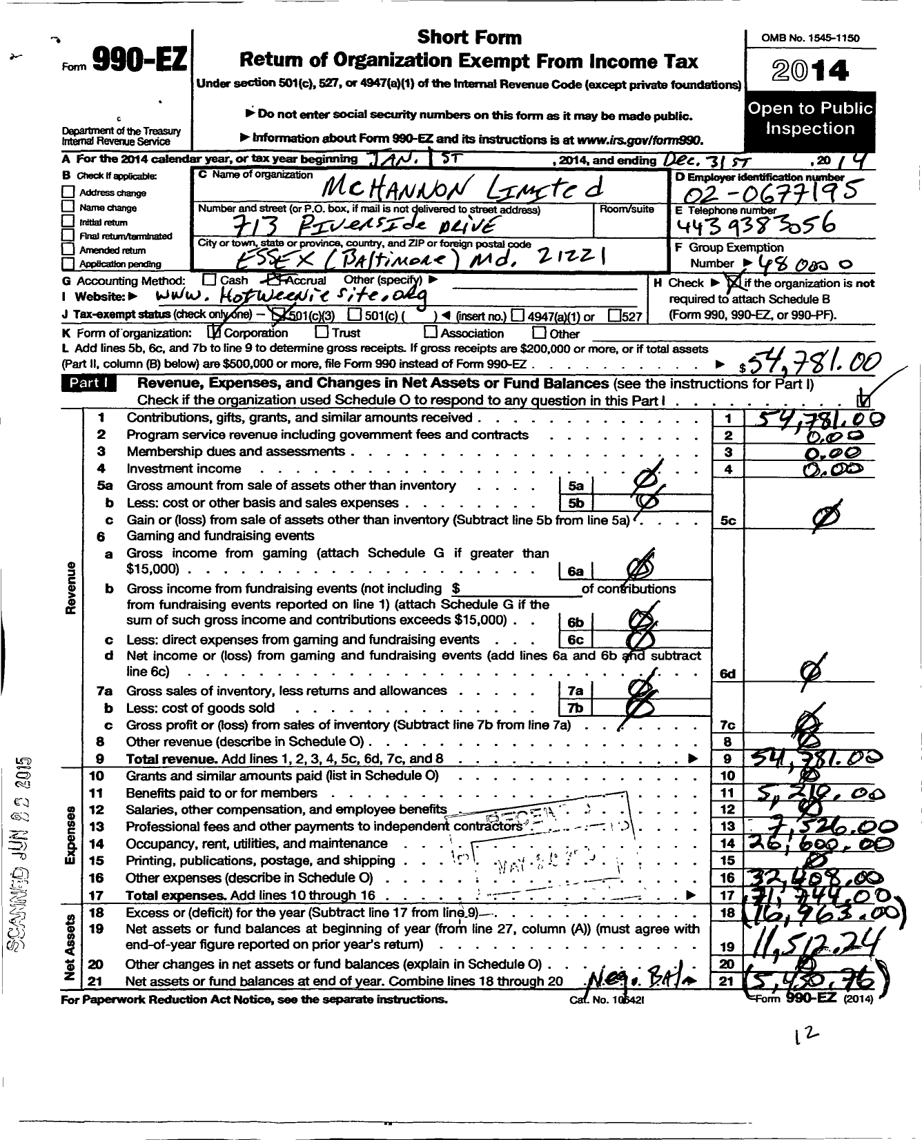 Image of first page of 2014 Form 990EZ for Mchannon Limited