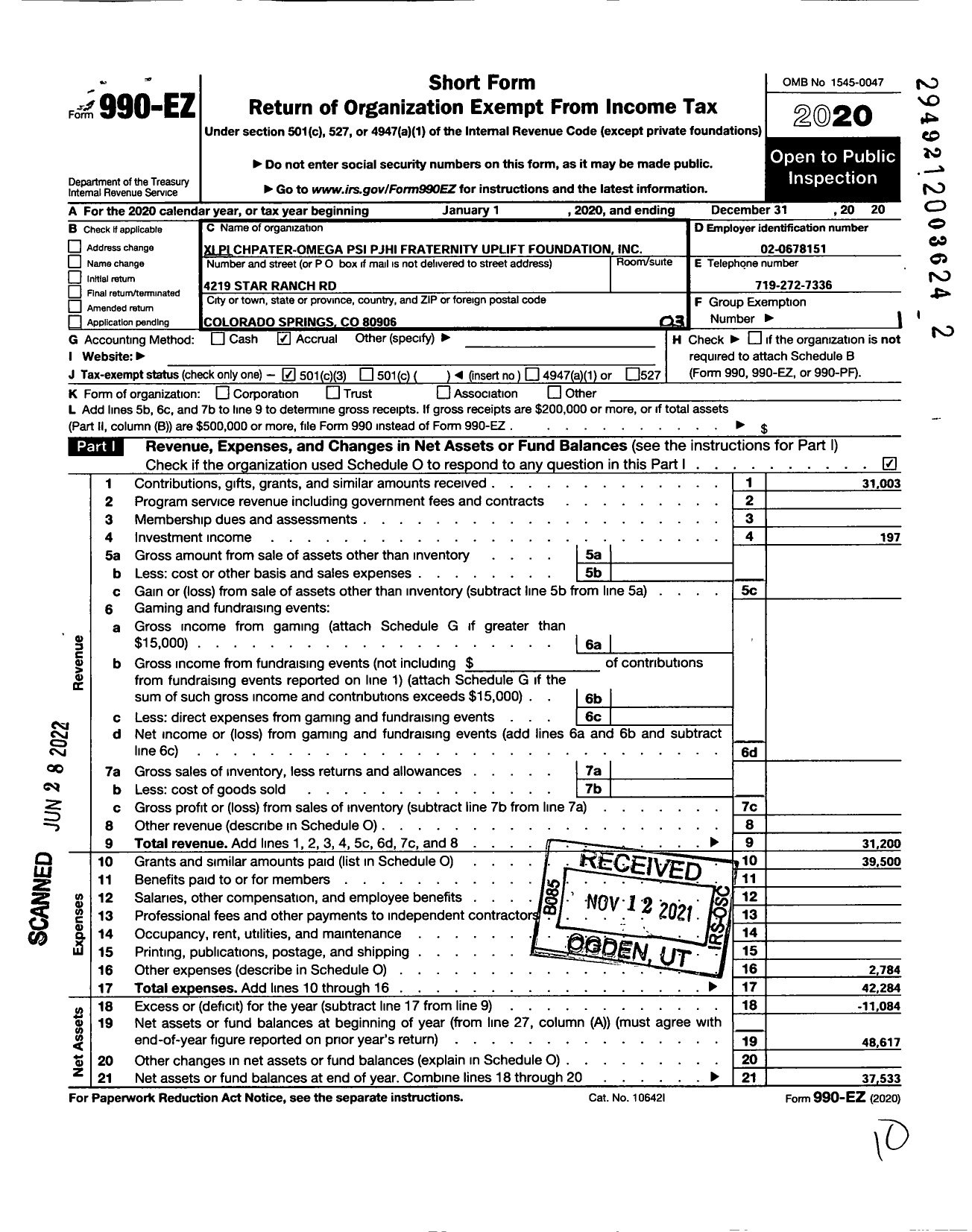 Image of first page of 2020 Form 990EZ for Xi Pi Chapter - Omega Psi Phi Fraternity Uplift Foundation