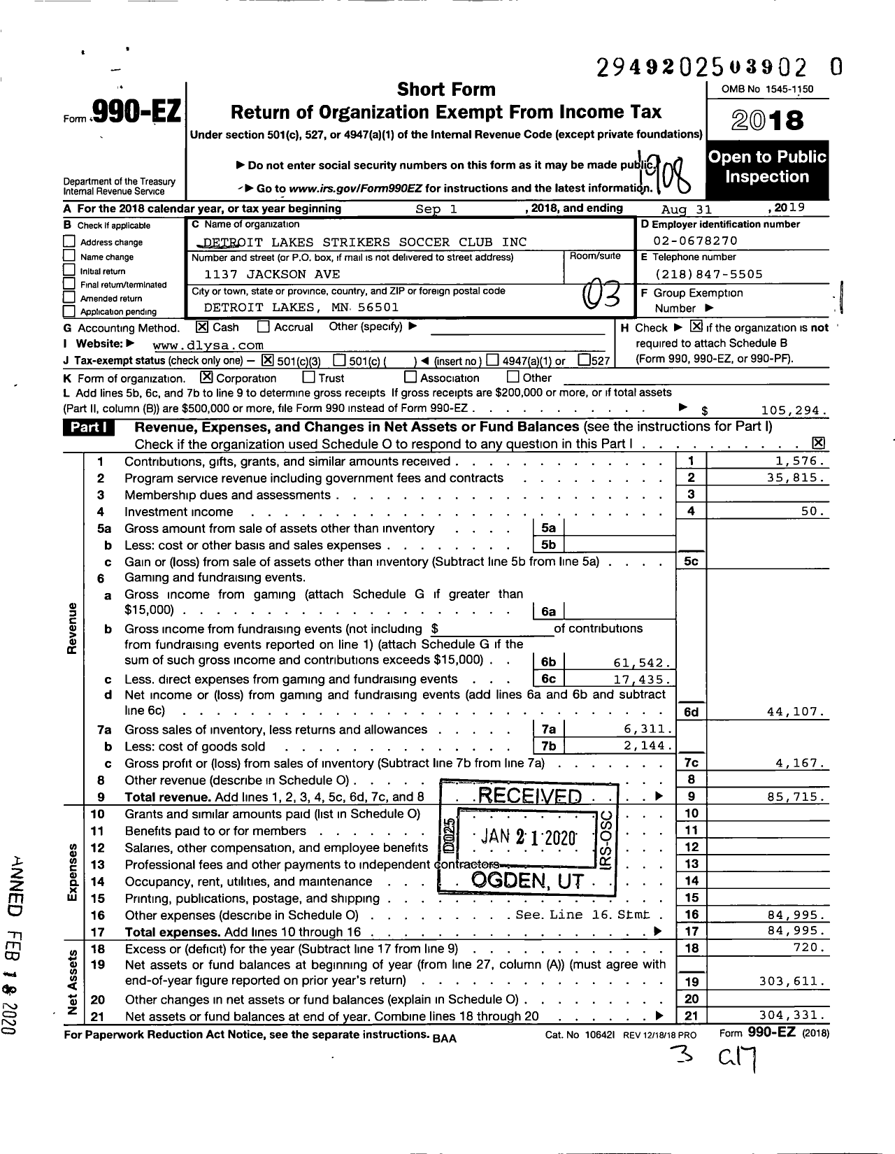 Image of first page of 2018 Form 990EZ for Detroit Lakes Strikers Soccer Club