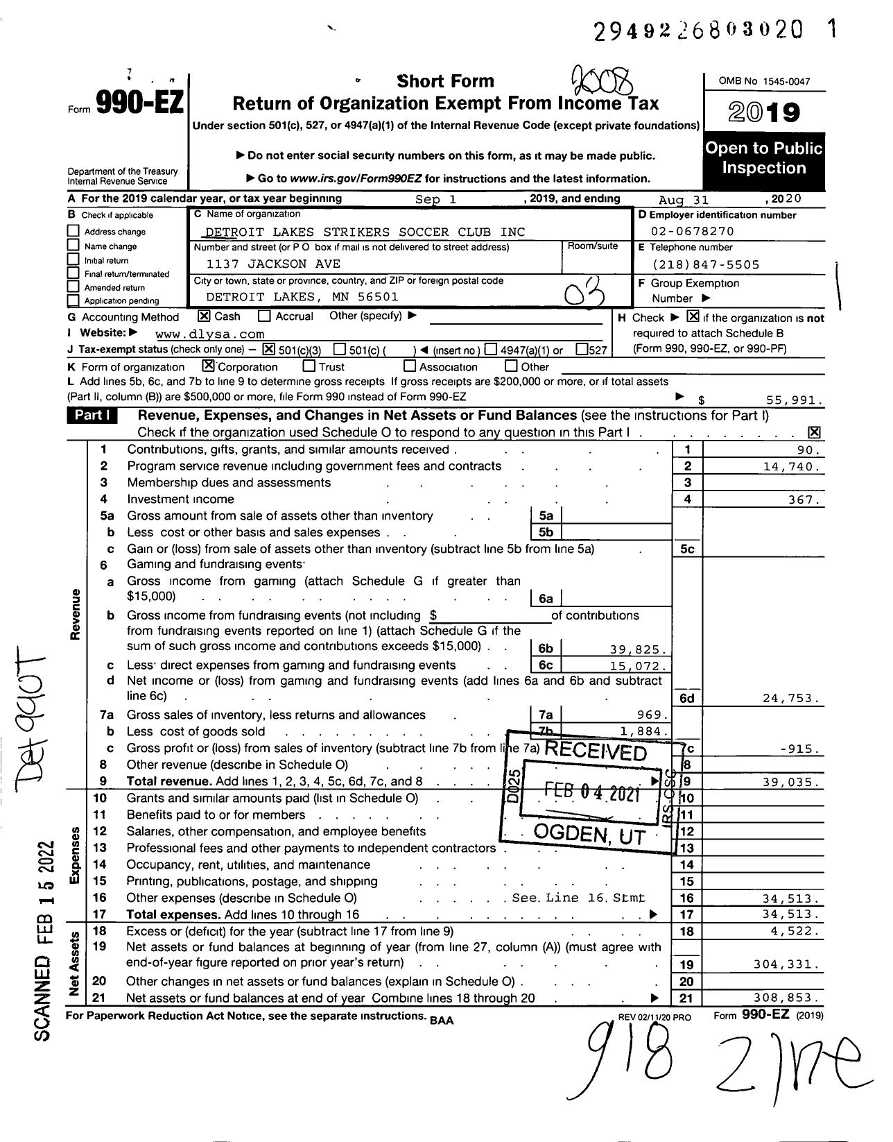 Image of first page of 2019 Form 990EZ for Detroit Lakes Strikers Soccer Club