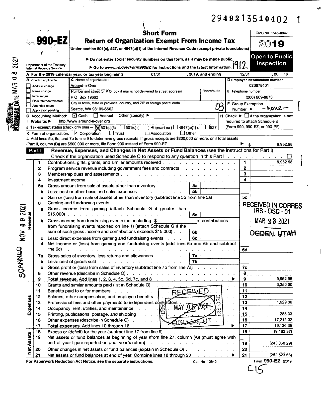 Image of first page of 2019 Form 990EZ for Around-N-Over