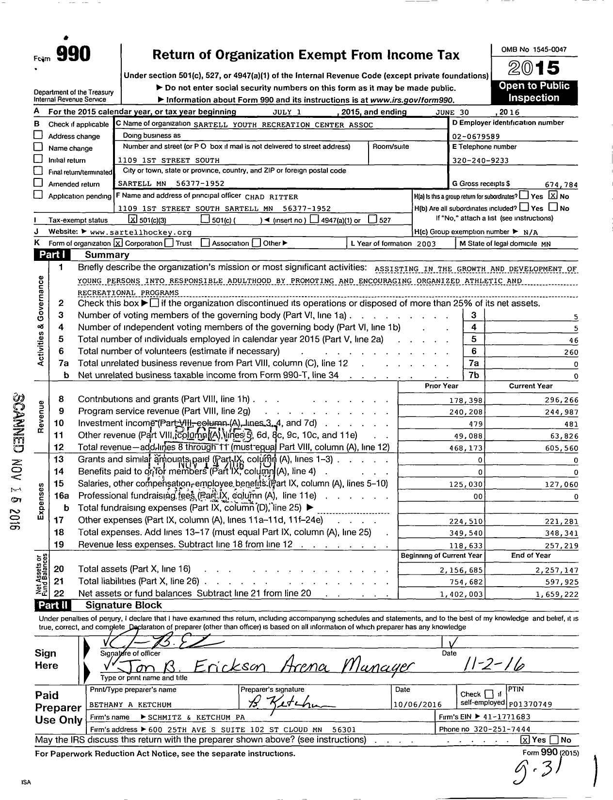Image of first page of 2015 Form 990 for Sartell Youth Recreation Center Association