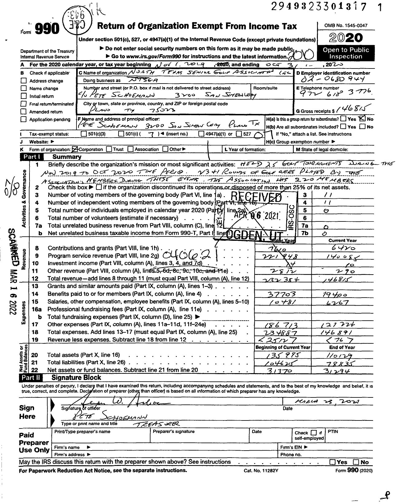 Image of first page of 2019 Form 990O for North Texas Seniors Golf Association (NTSGA)