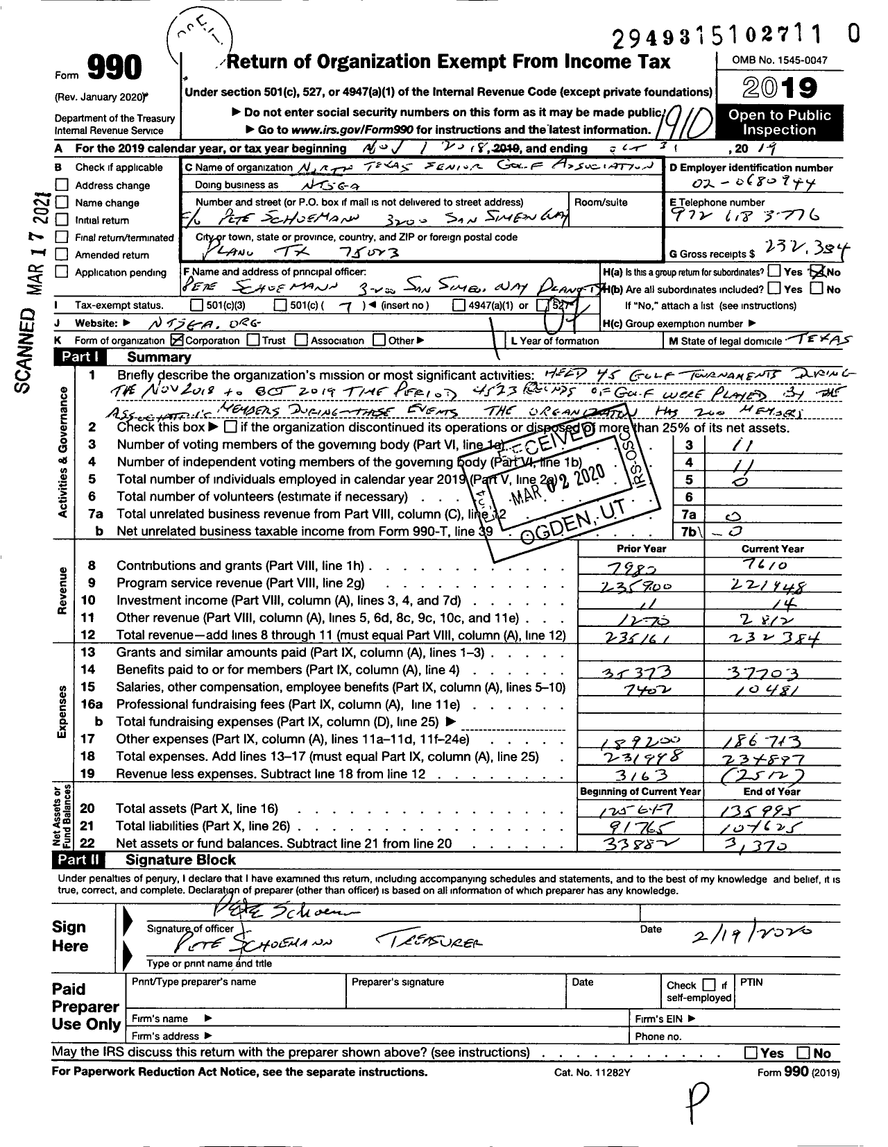 Image of first page of 2018 Form 990O for North Texas Seniors Golf Association (NTSGA)