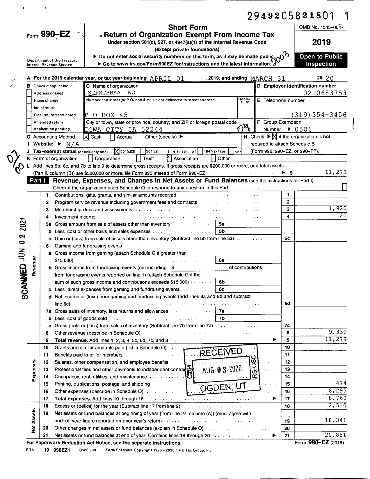 Image of first page of 2019 Form 990EO for Ustpmtbbaa