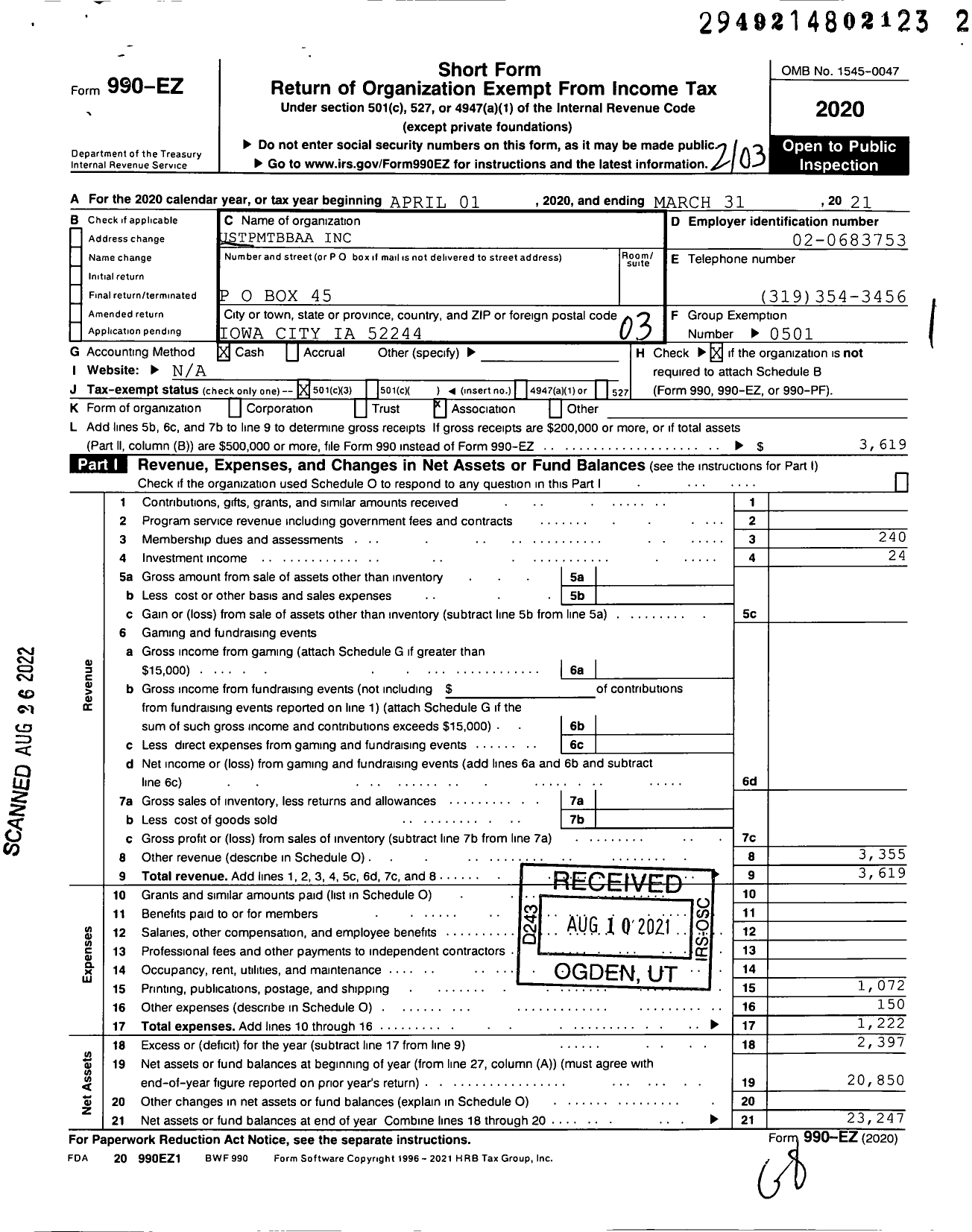 Image of first page of 2020 Form 990EZ for Ustpmtbbaa