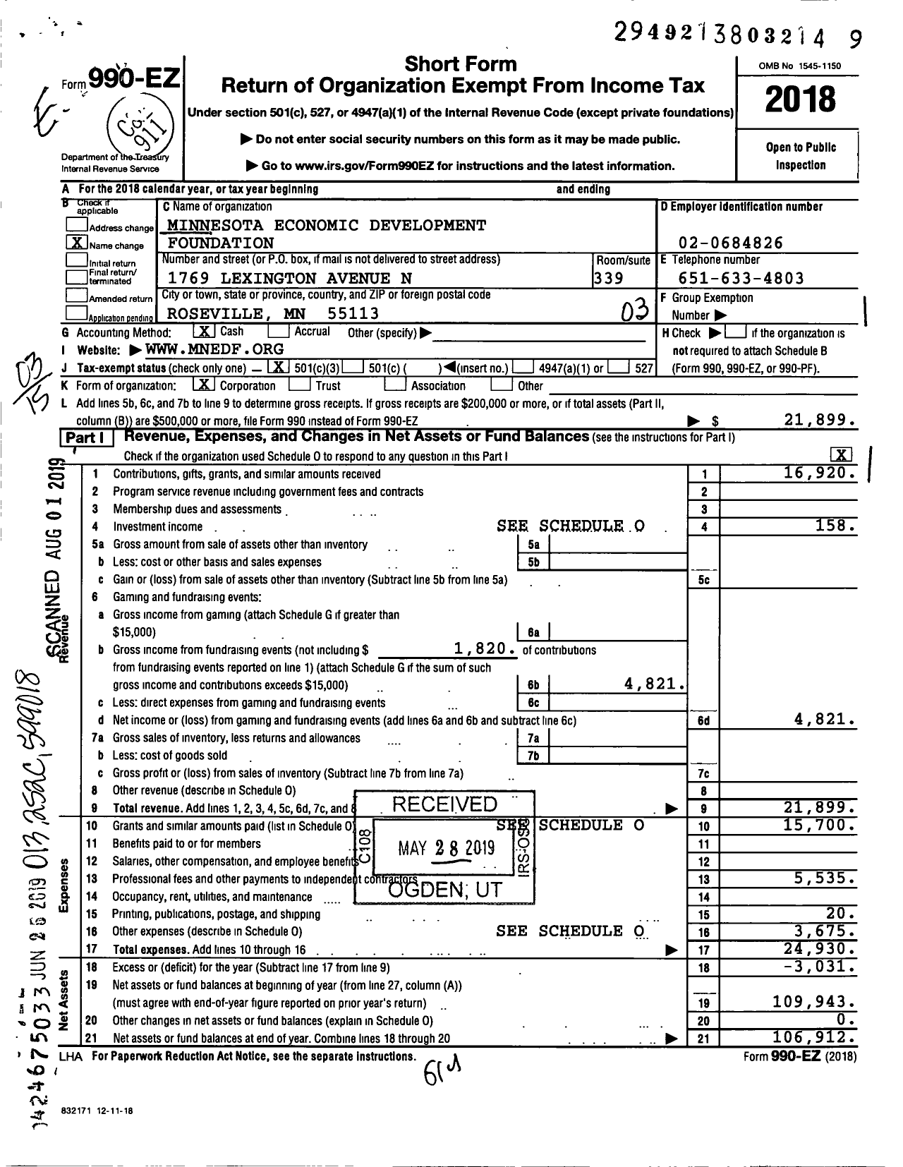 Image of first page of 2018 Form 990EZ for Minnesota Economic Development Foundation