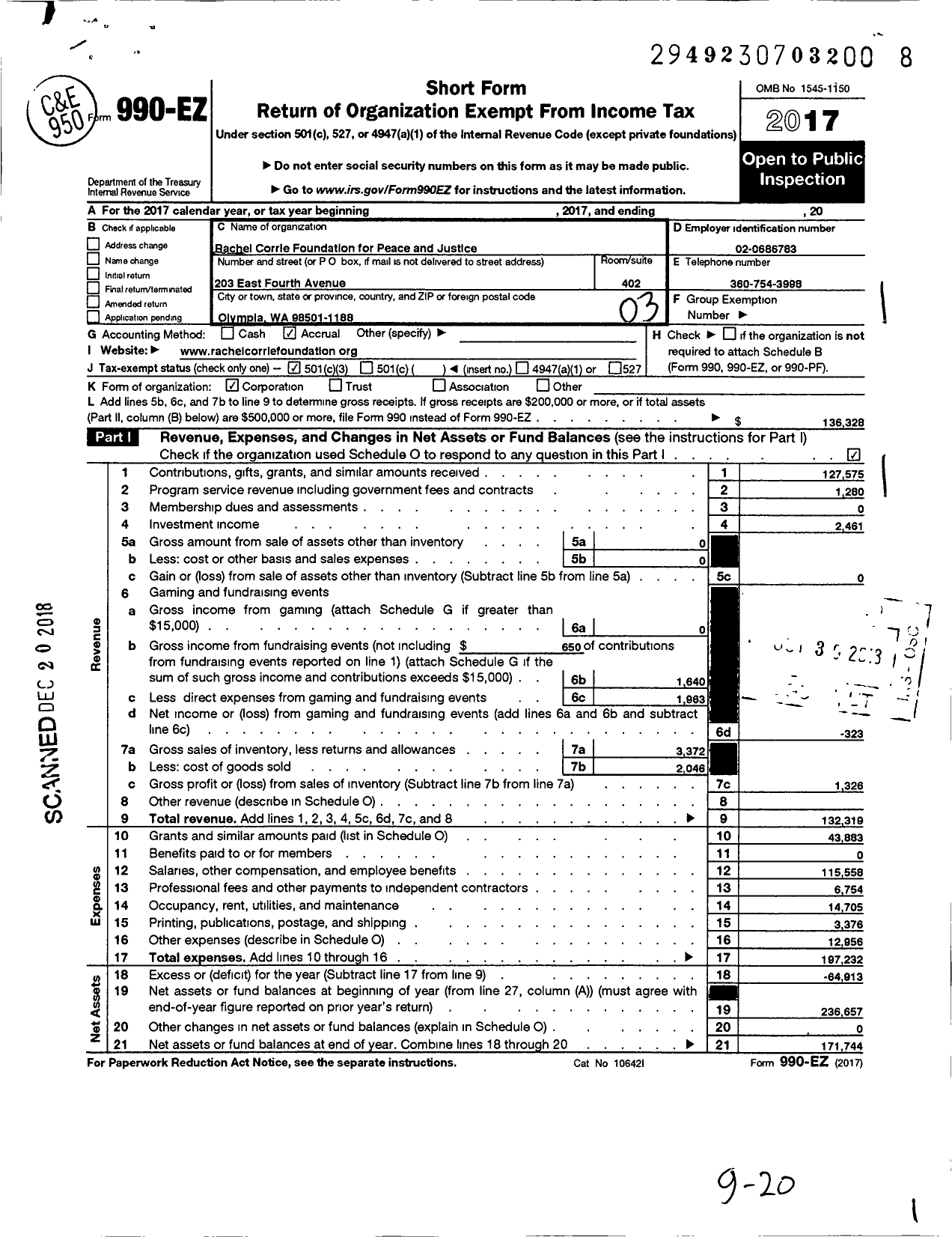 Image of first page of 2017 Form 990EZ for Rachel Corrie Foundation for Peace and Justice