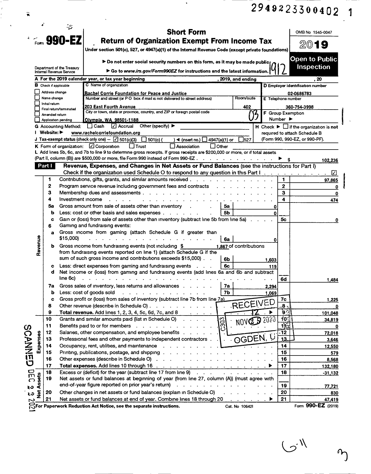 Image of first page of 2019 Form 990EZ for Rachel Corrie Foundation for Peace and Justice