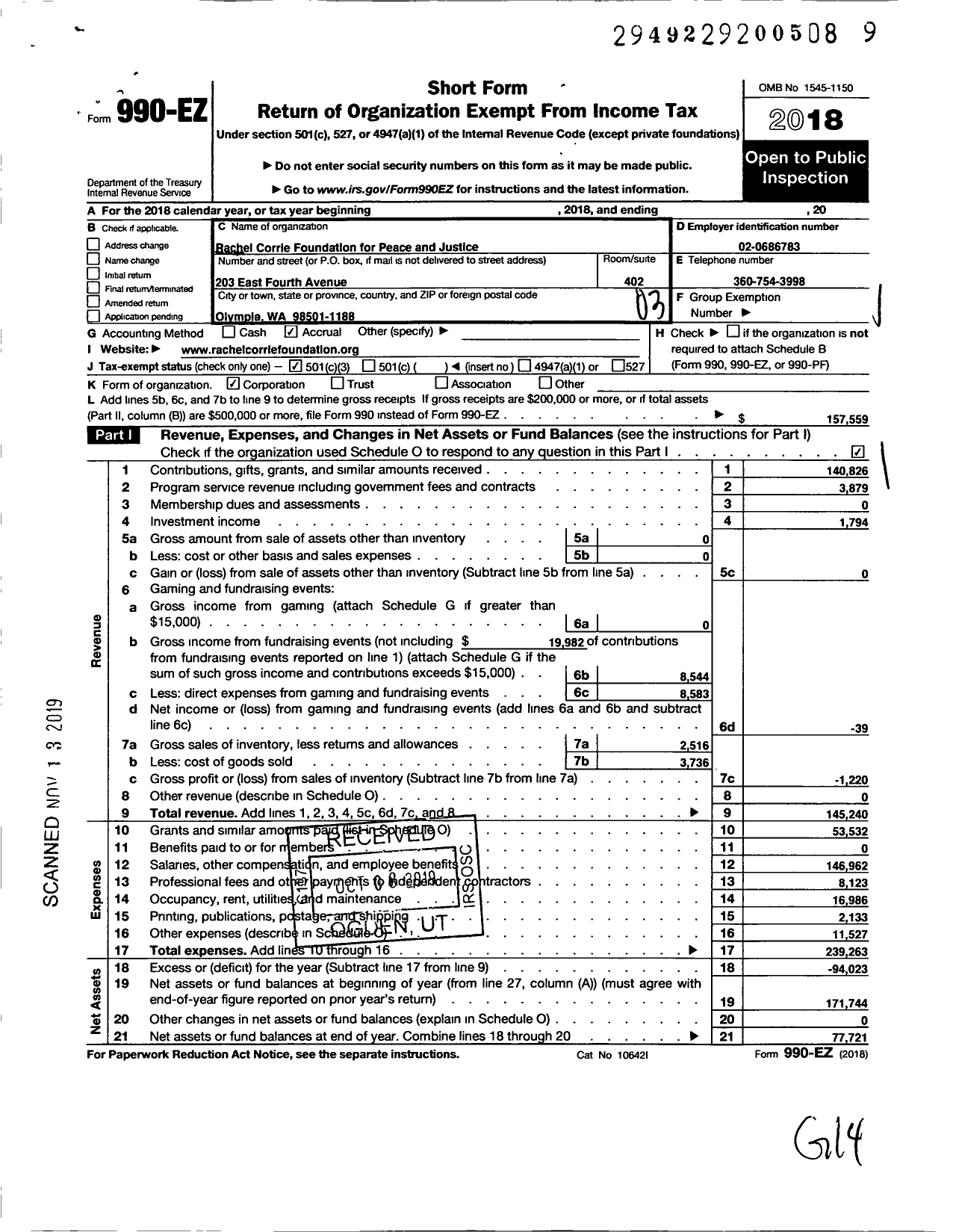 Image of first page of 2018 Form 990EZ for Rachel Corrie Foundation for Peace and Justice