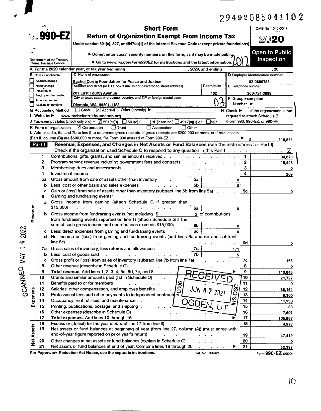 Image of first page of 2020 Form 990EZ for Rachel Corrie Foundation for Peace and Justice