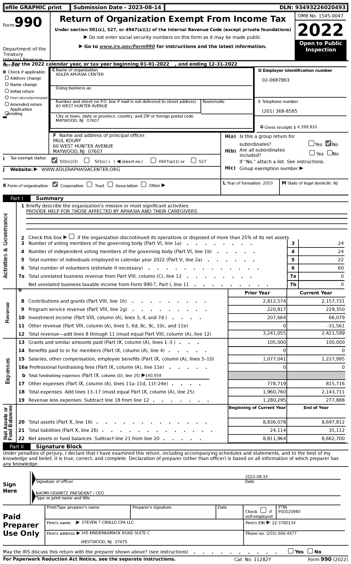 Image of first page of 2022 Form 990 for Adler Aphasia Center