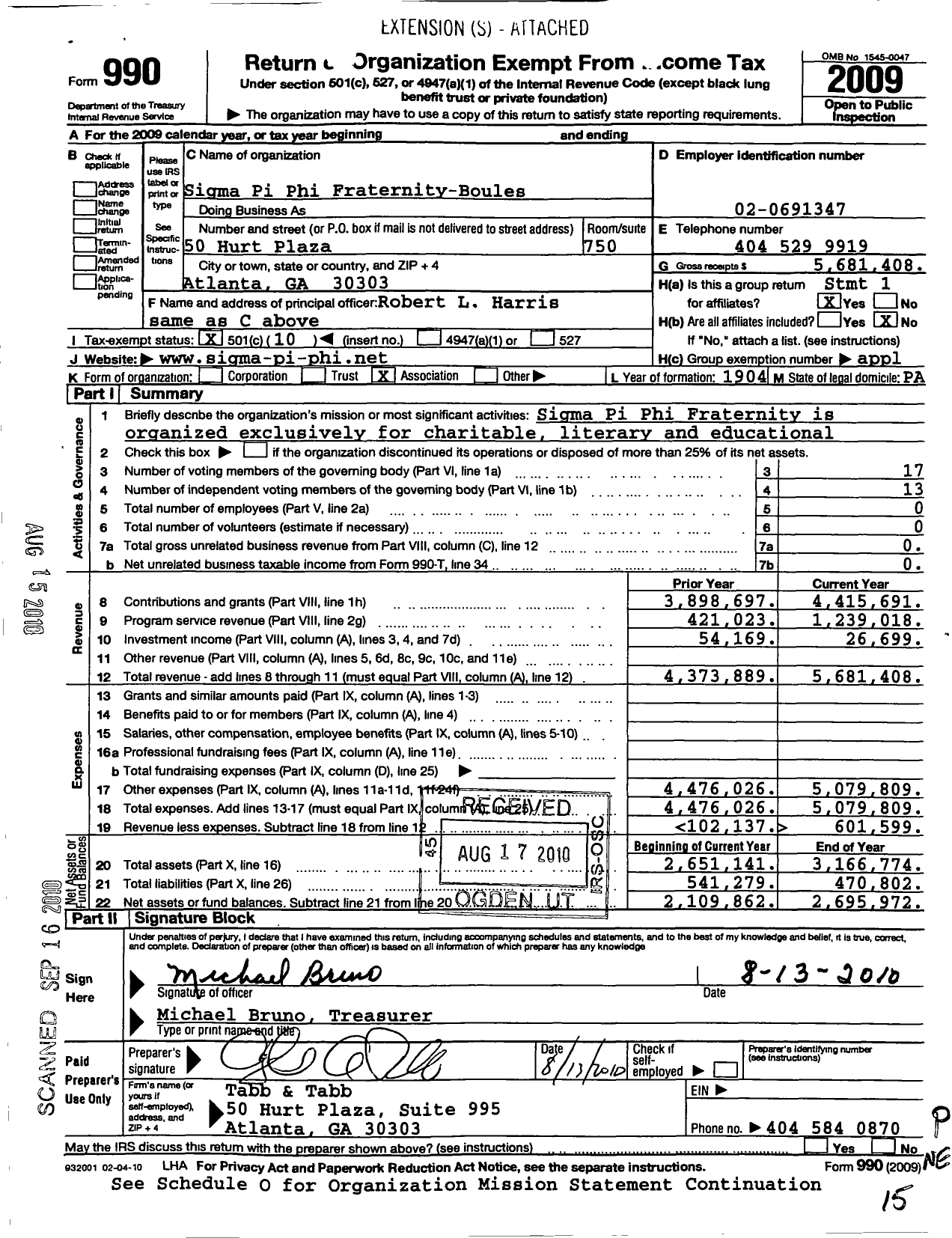Image of first page of 2009 Form 990O for Sigma Pi Phi Fraternity-Boules