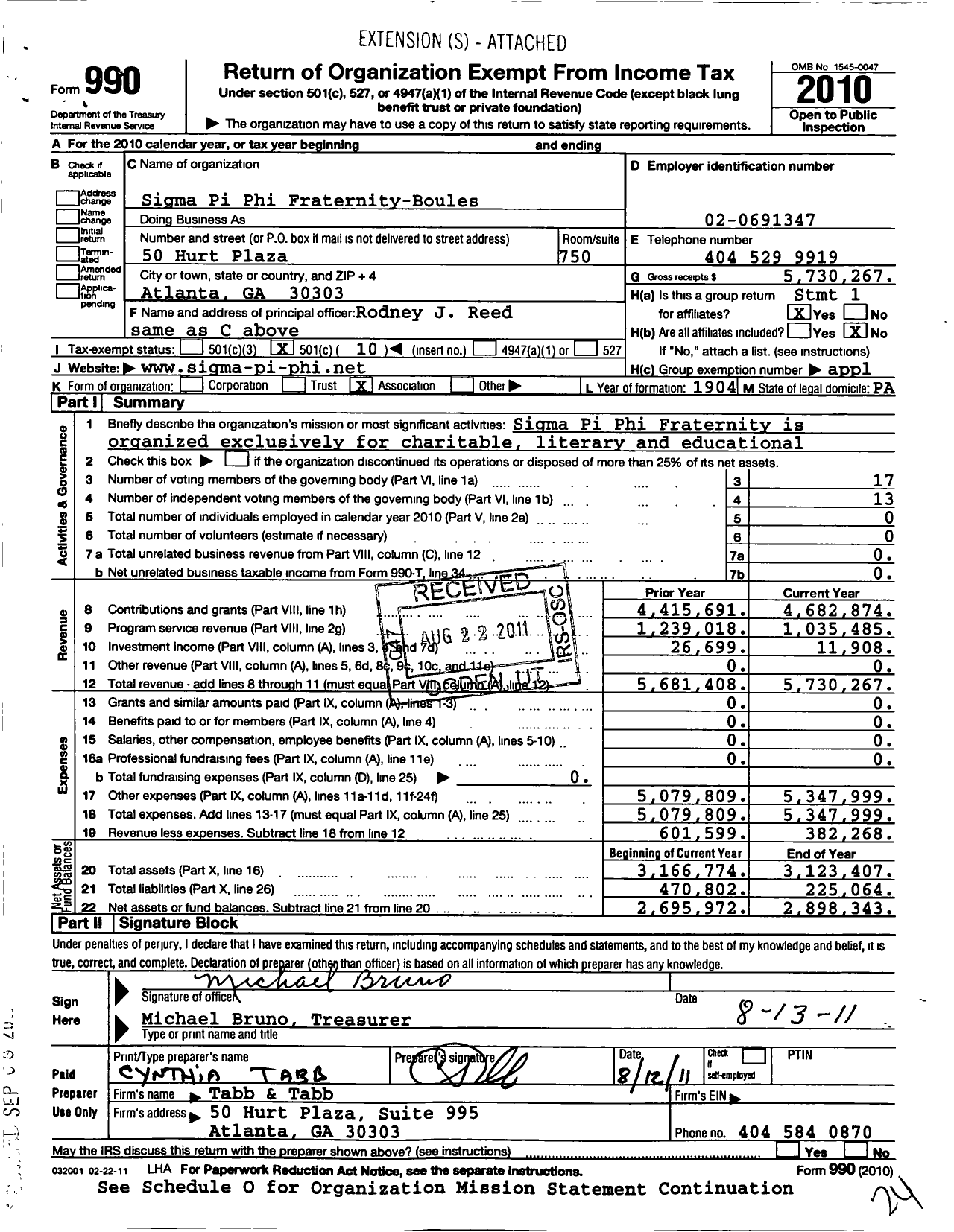 Image of first page of 2010 Form 990O for Sigma Pi Phi Fraternity-Boules