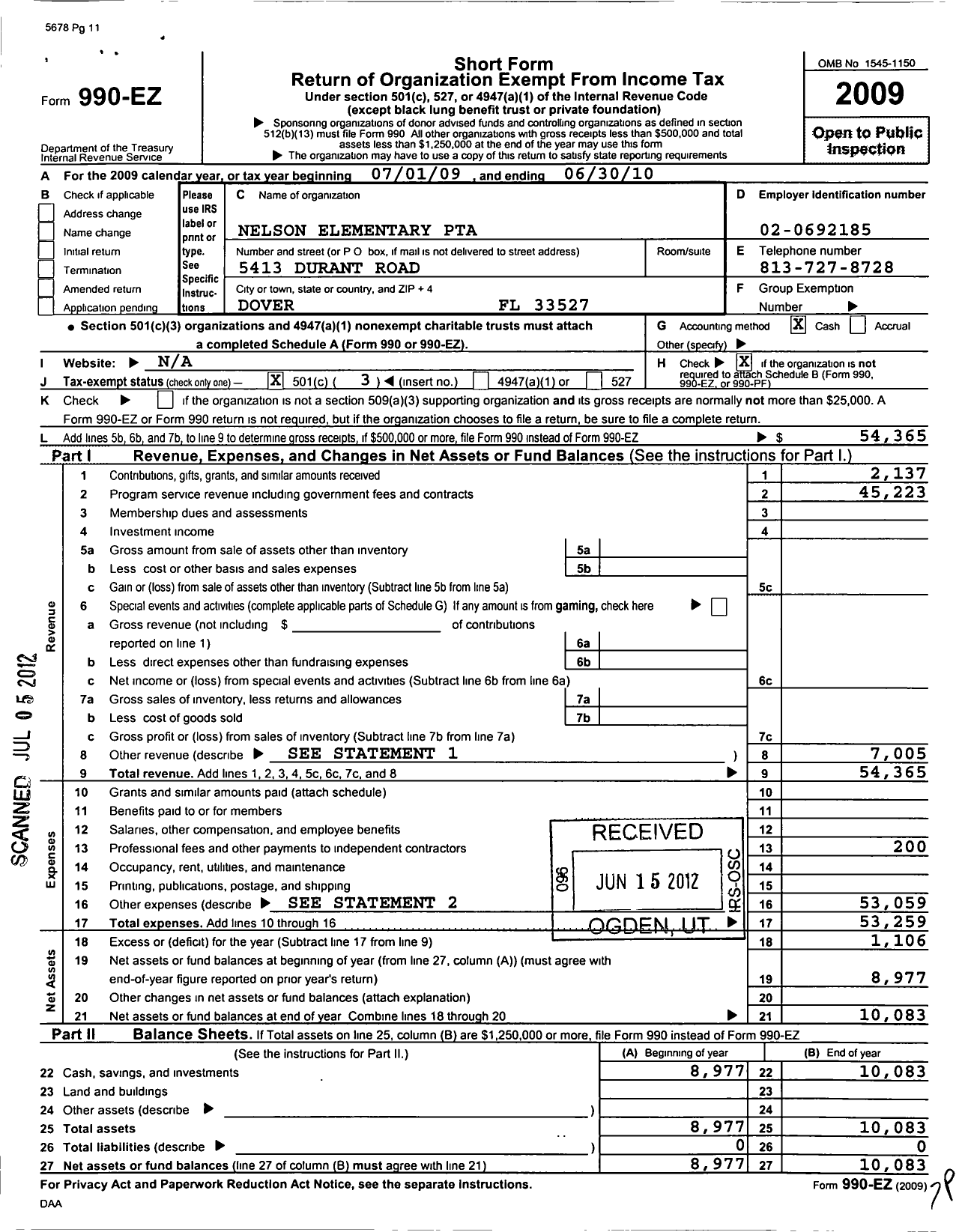 Image of first page of 2009 Form 990EZ for PTA Florida Congress - Nelson Elementary School