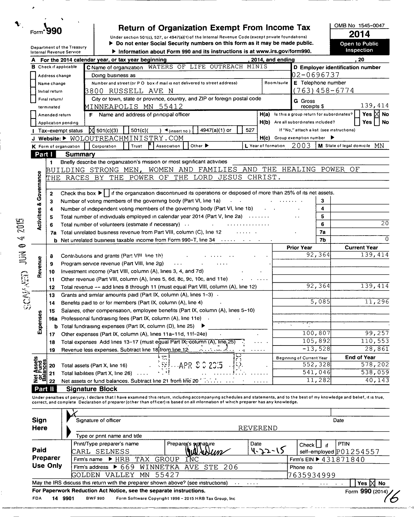 Image of first page of 2014 Form 990 for Waters of Life Outreach Ministry