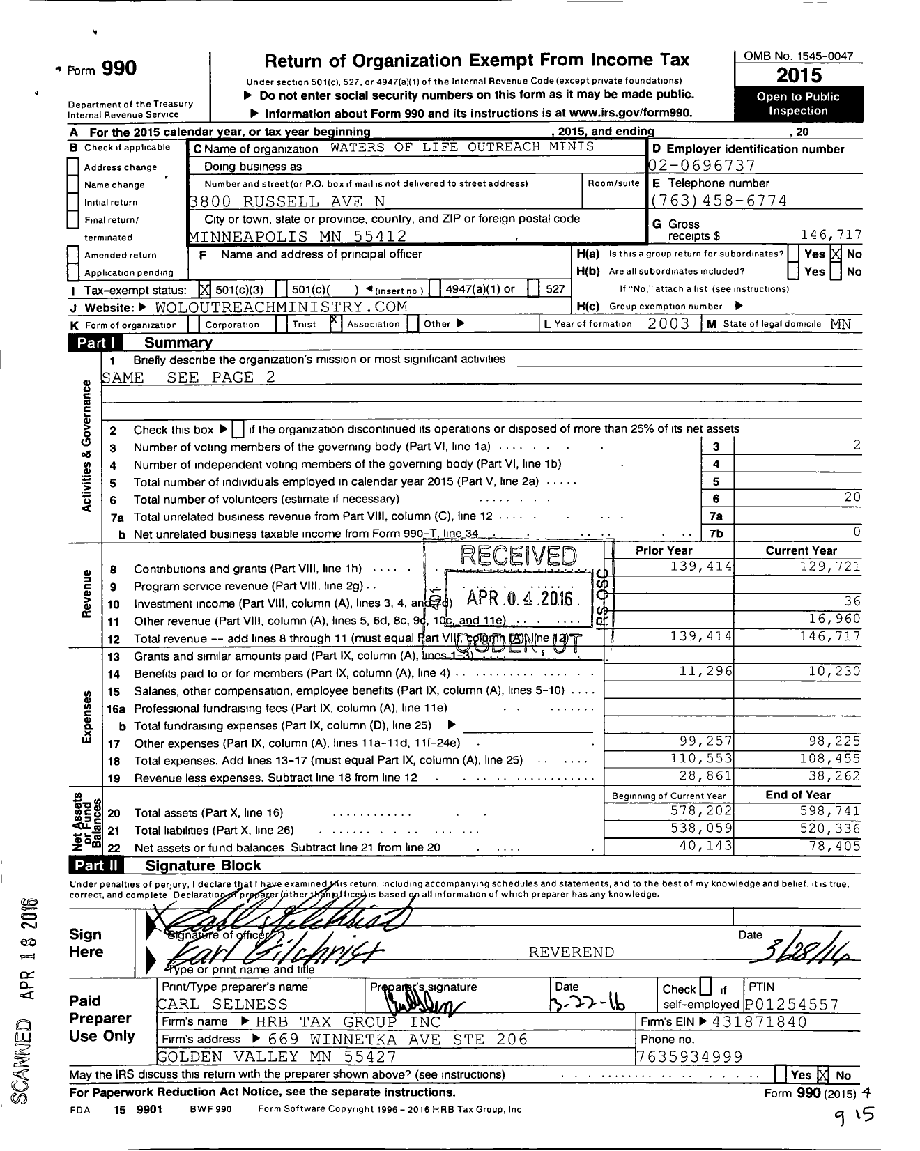 Image of first page of 2015 Form 990 for Waters of Life Outreach Ministry