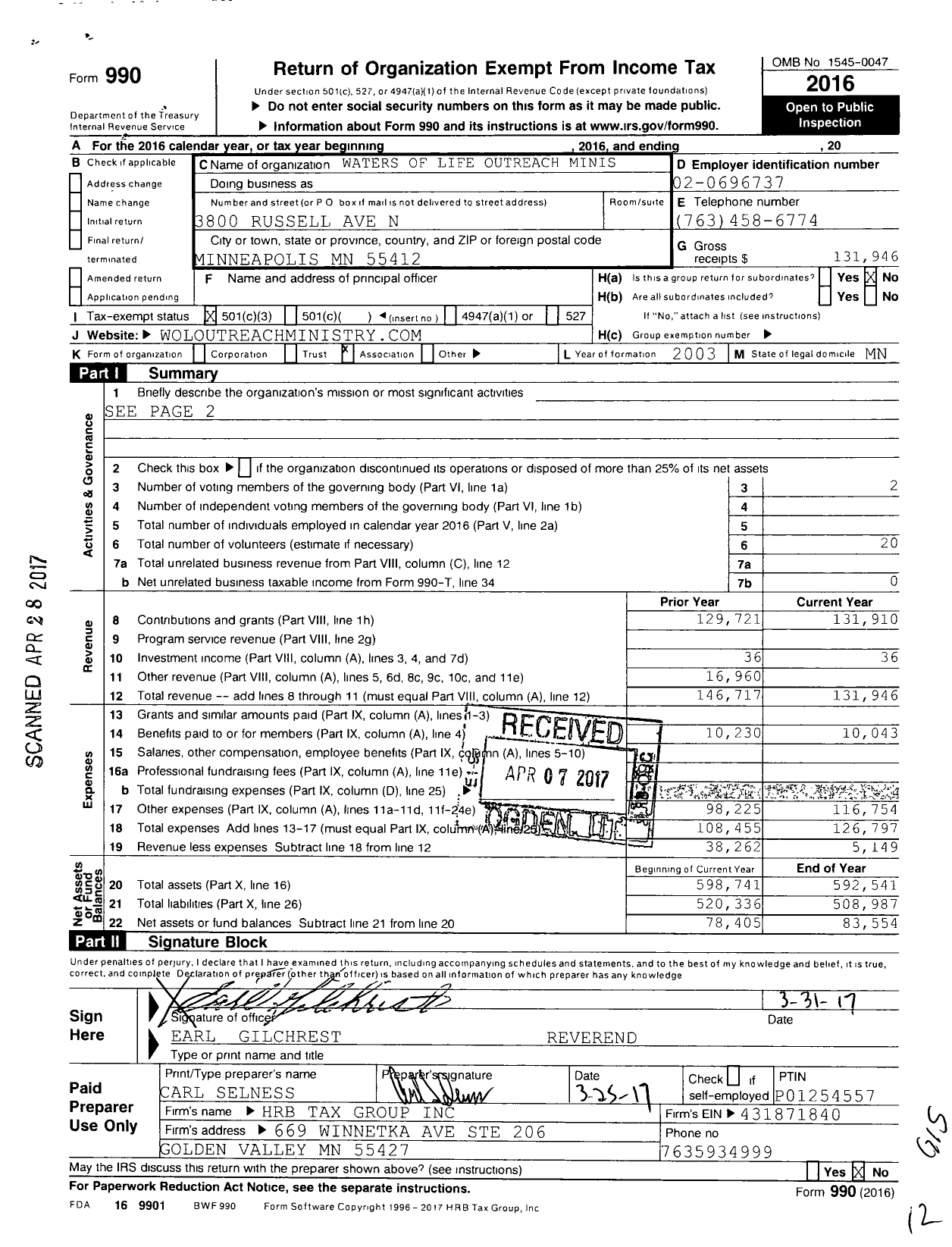 Image of first page of 2016 Form 990 for Waters of Life Outreach Ministry