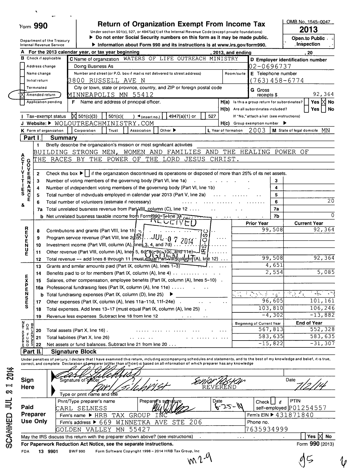 Image of first page of 2013 Form 990 for Waters of Life Outreach Ministry