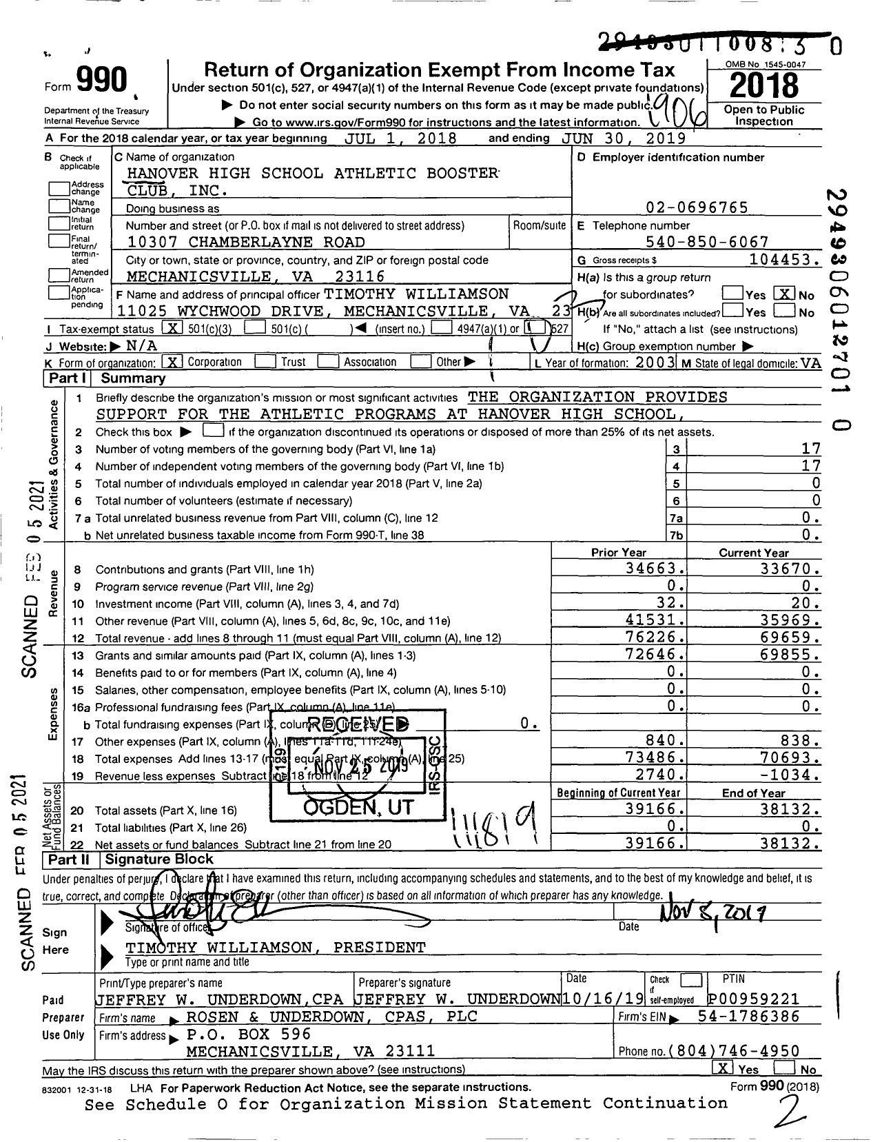 Image of first page of 2018 Form 990 for Hanover High School Athletic Booster Club