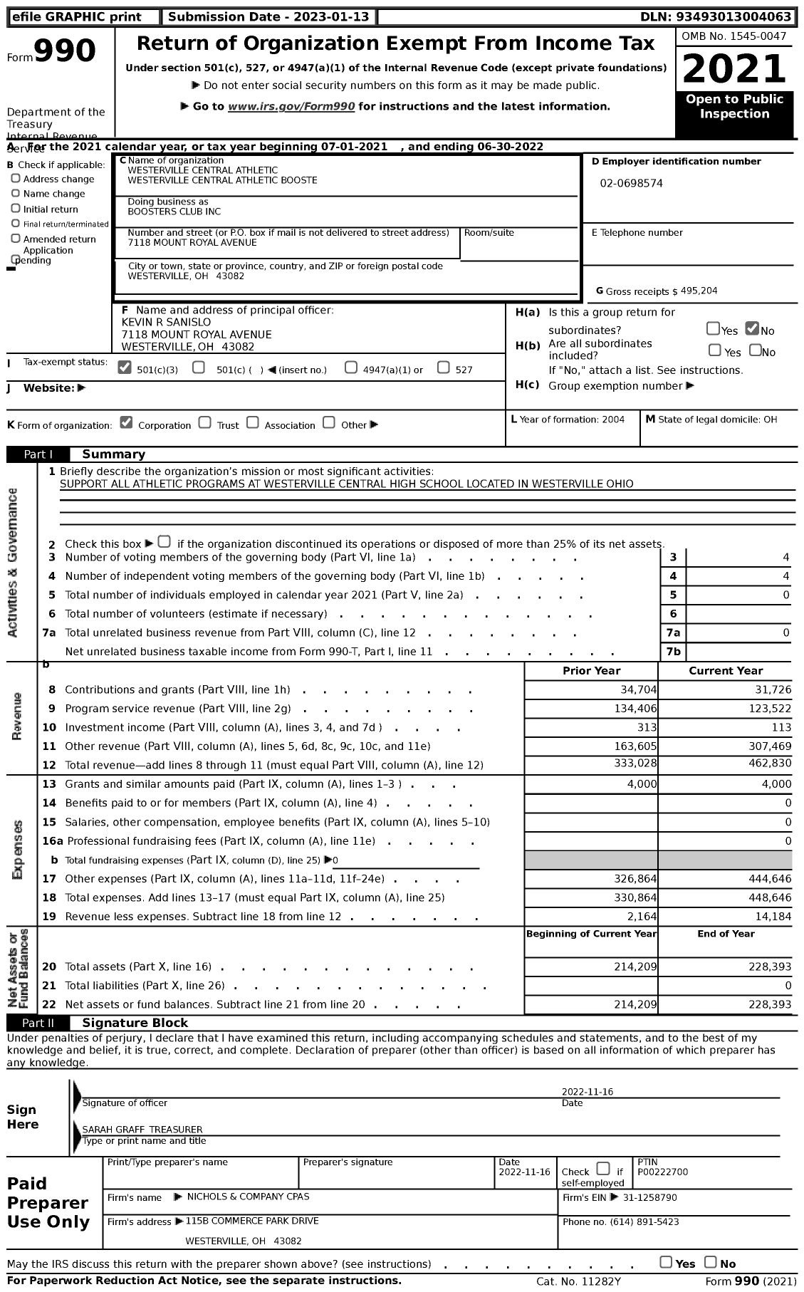 Image of first page of 2021 Form 990 for Boosters Club