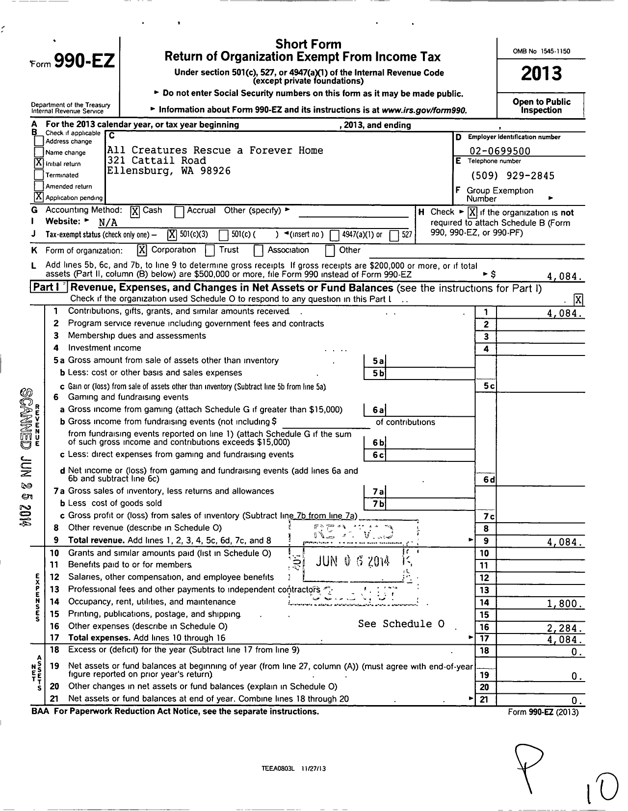 Image of first page of 2013 Form 990EZ for All Creatures Rescue a Forever Home