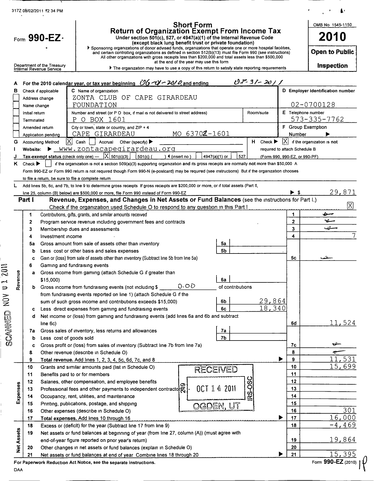 Image of first page of 2010 Form 990EZ for Zonta Club of Cape Girardeau Area Foundation