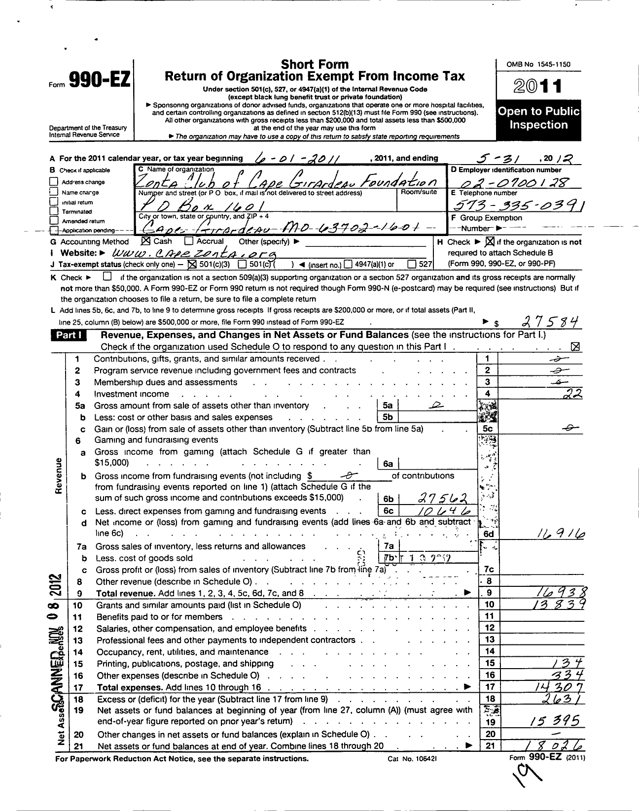 Image of first page of 2011 Form 990EZ for Zonta Club of Cape Girardeau Area Foundation