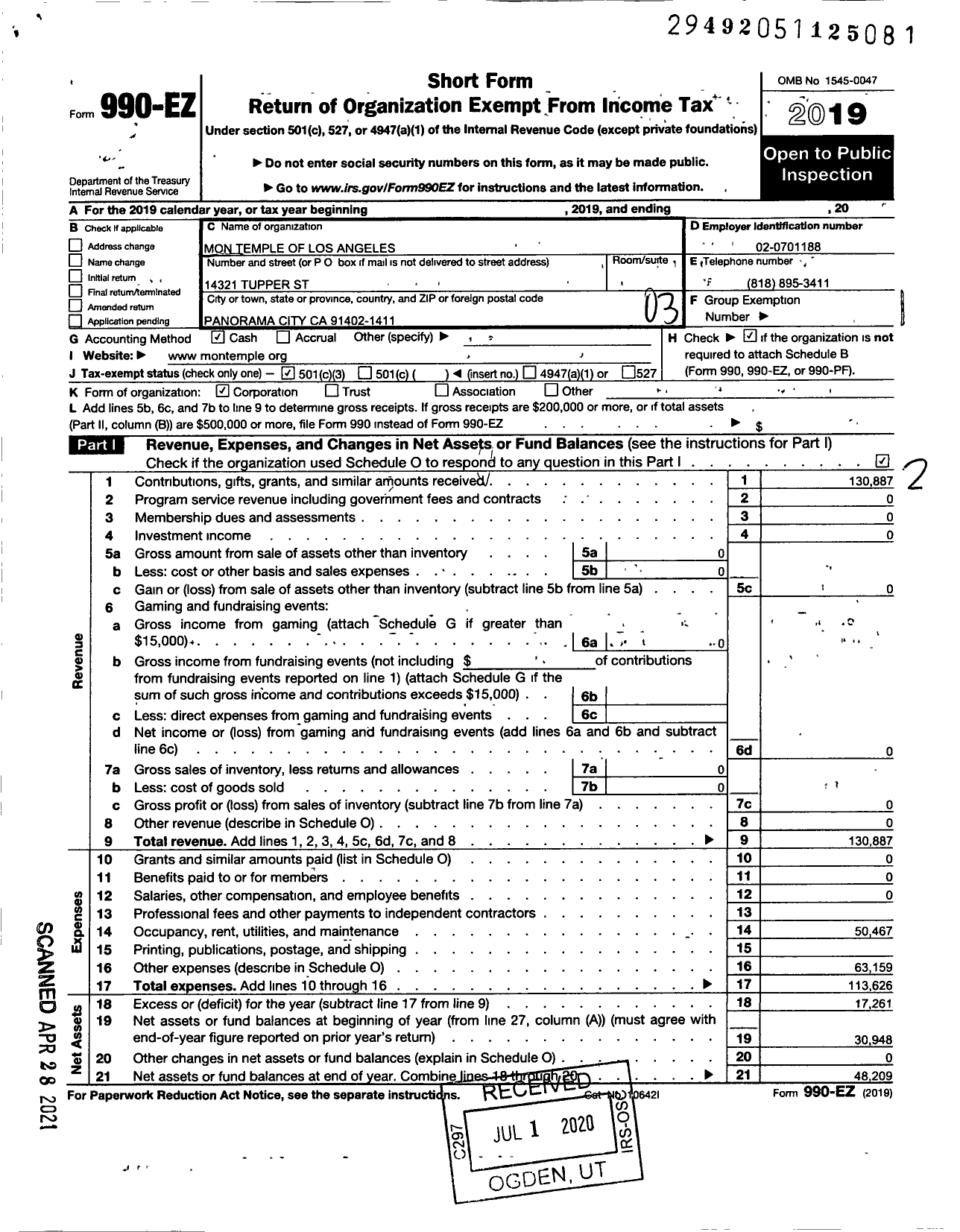 Image of first page of 2019 Form 990EZ for Mon Temple of Los Angeles